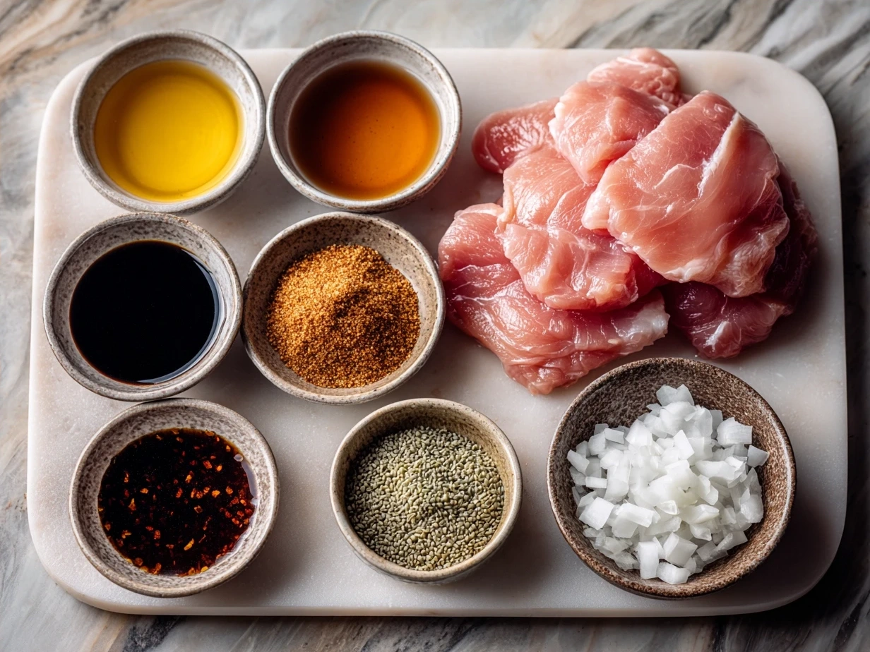Ingredients for Turkey Medallions with Orange Teriyaki Sauce including turkey breast medallions, orange juice, soy sauce, garlic, ginger, and more.