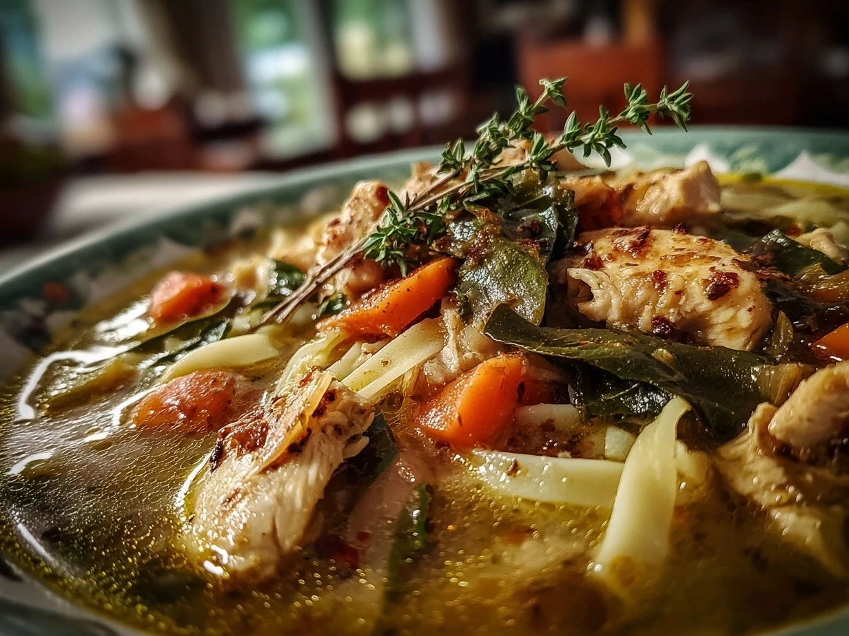 A bowl of Turmeric Ginger Chicken Noodle Soup garnished with fresh herbs