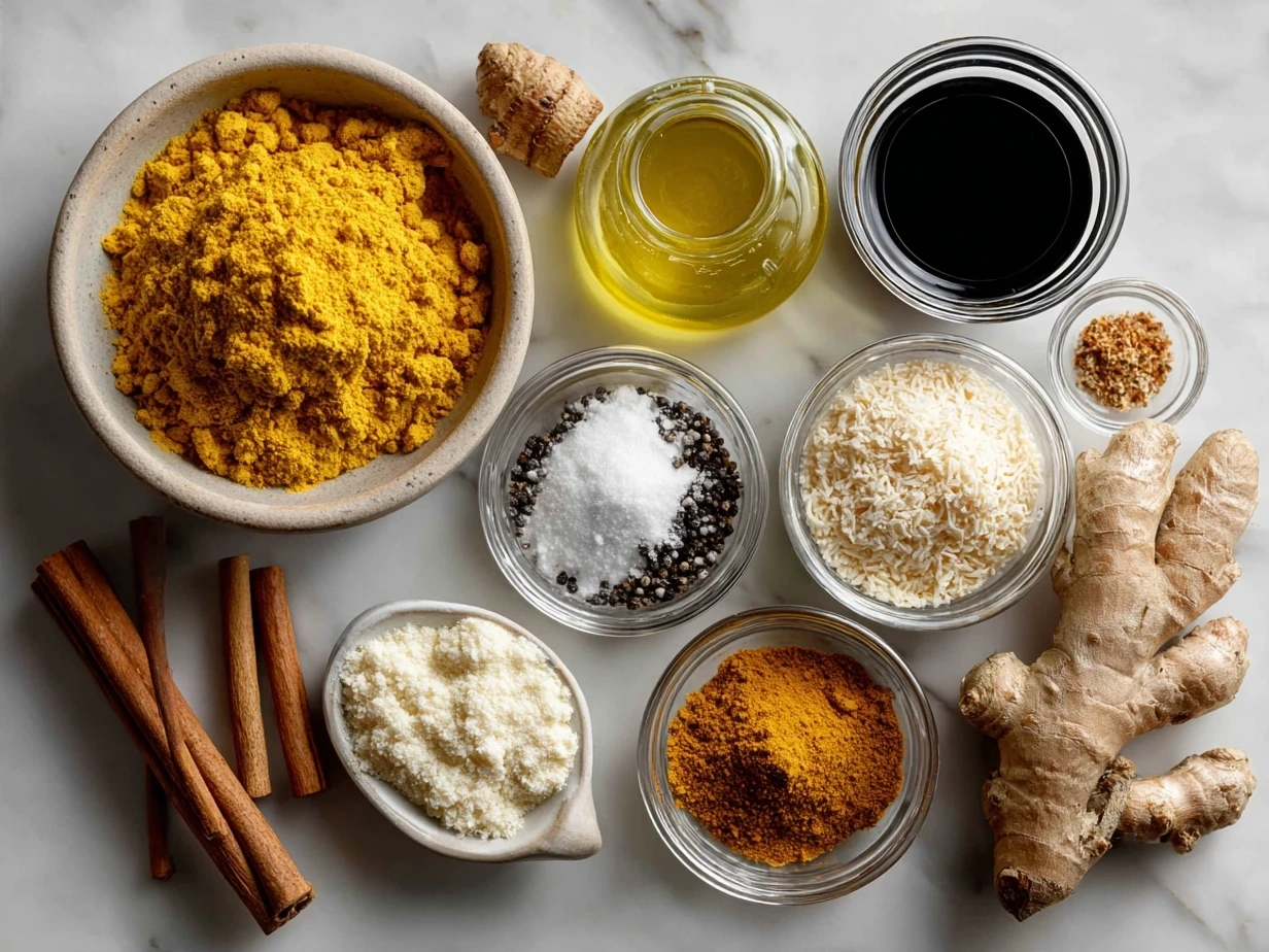 Ingredients for Turmeric Ginger Chicken Noodle Soup laid out on a kitchen counter