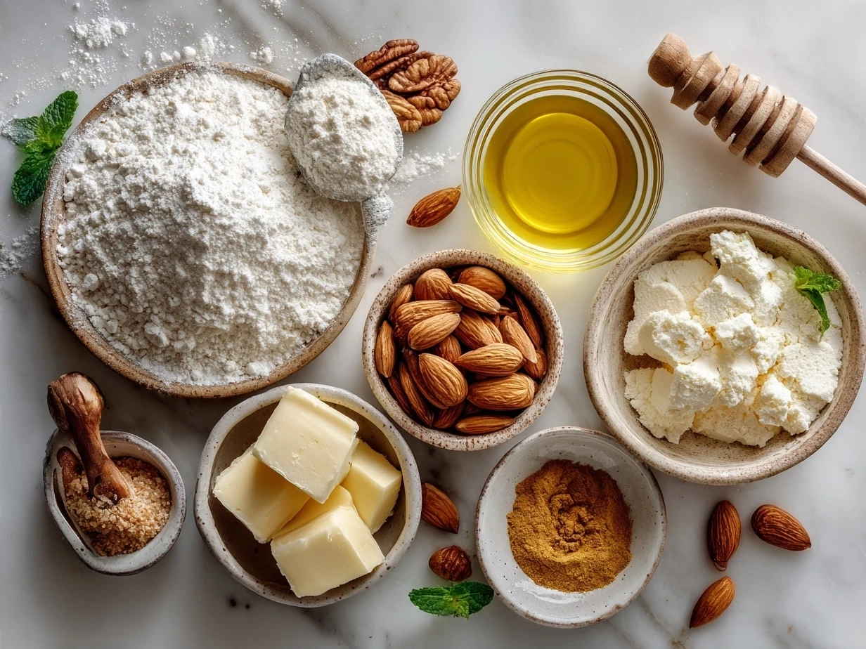 Ingredients for White Almond Cake including almond flour, eggs, sugar, and yogurt