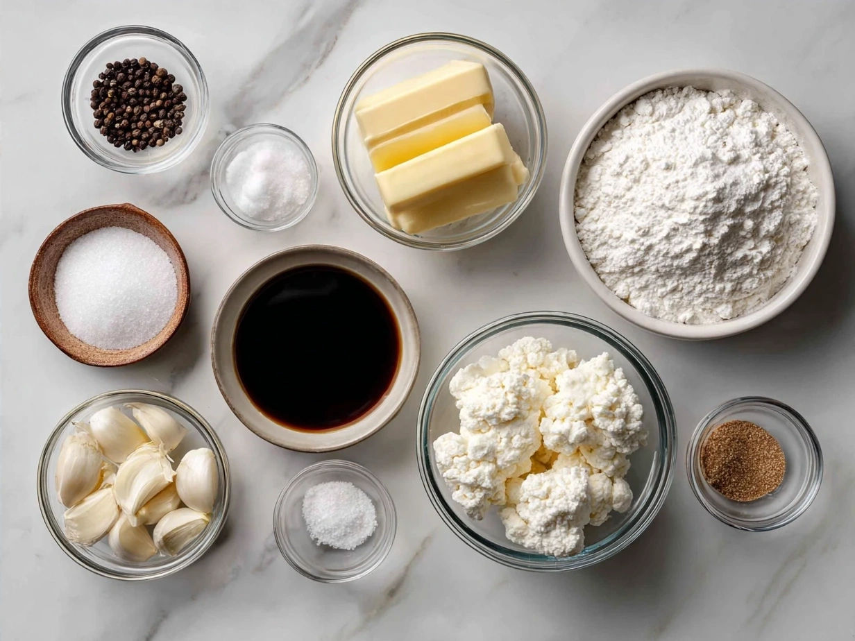 Ingredients for White Garlic Pizza Sauce laid out including butter, garlic, milk, cream, Parmesan cheese, flour, salt, pepper, and nutmeg