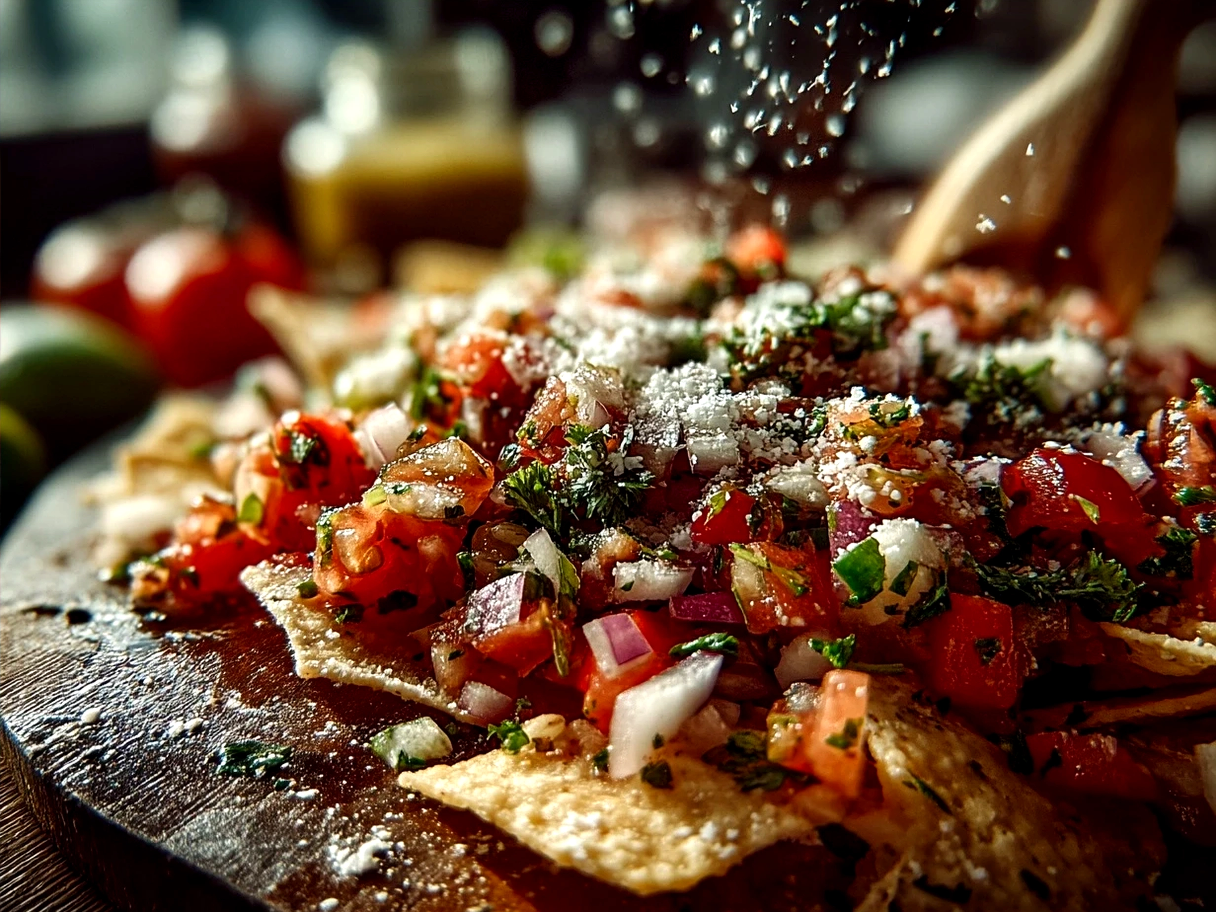 Winter salad with snowflake tortilla chips and fresh homemade salsa served in a colorful bowl