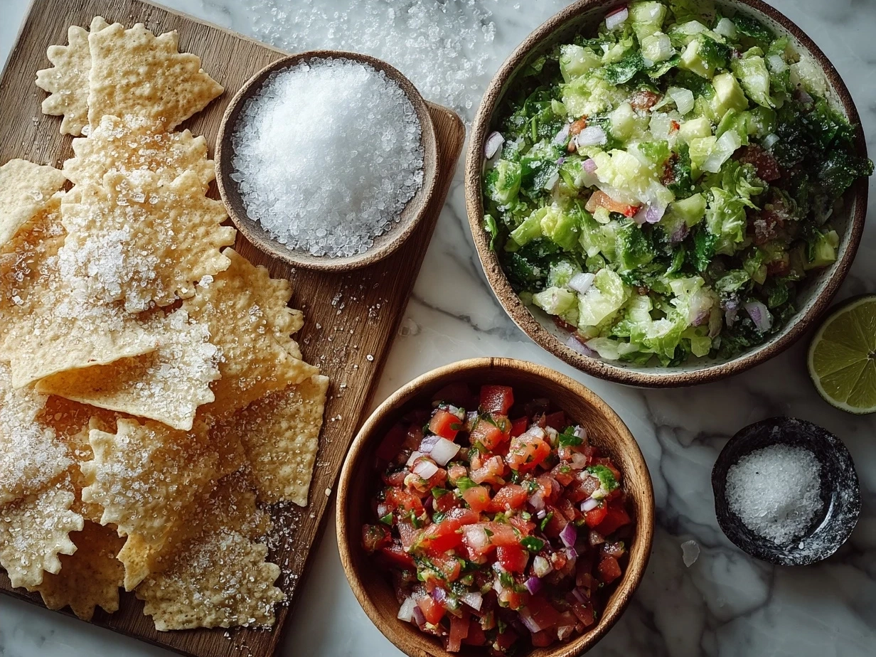 Ingredients for winter salad with snowflake tortilla chips and fresh homemade salsa