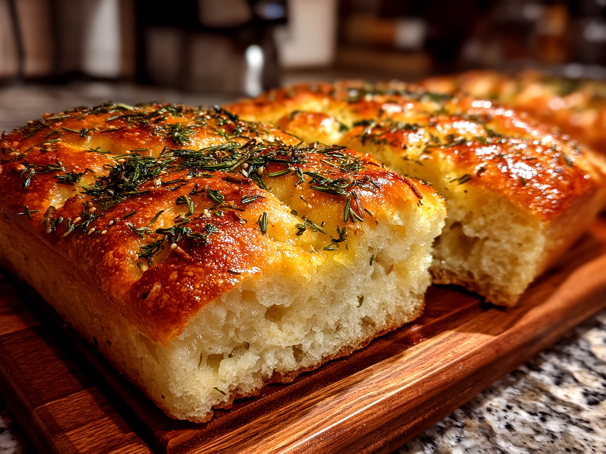 Close up of a golden freshly baked focaccia decorative loaf with herbs, served on a kitchen table.