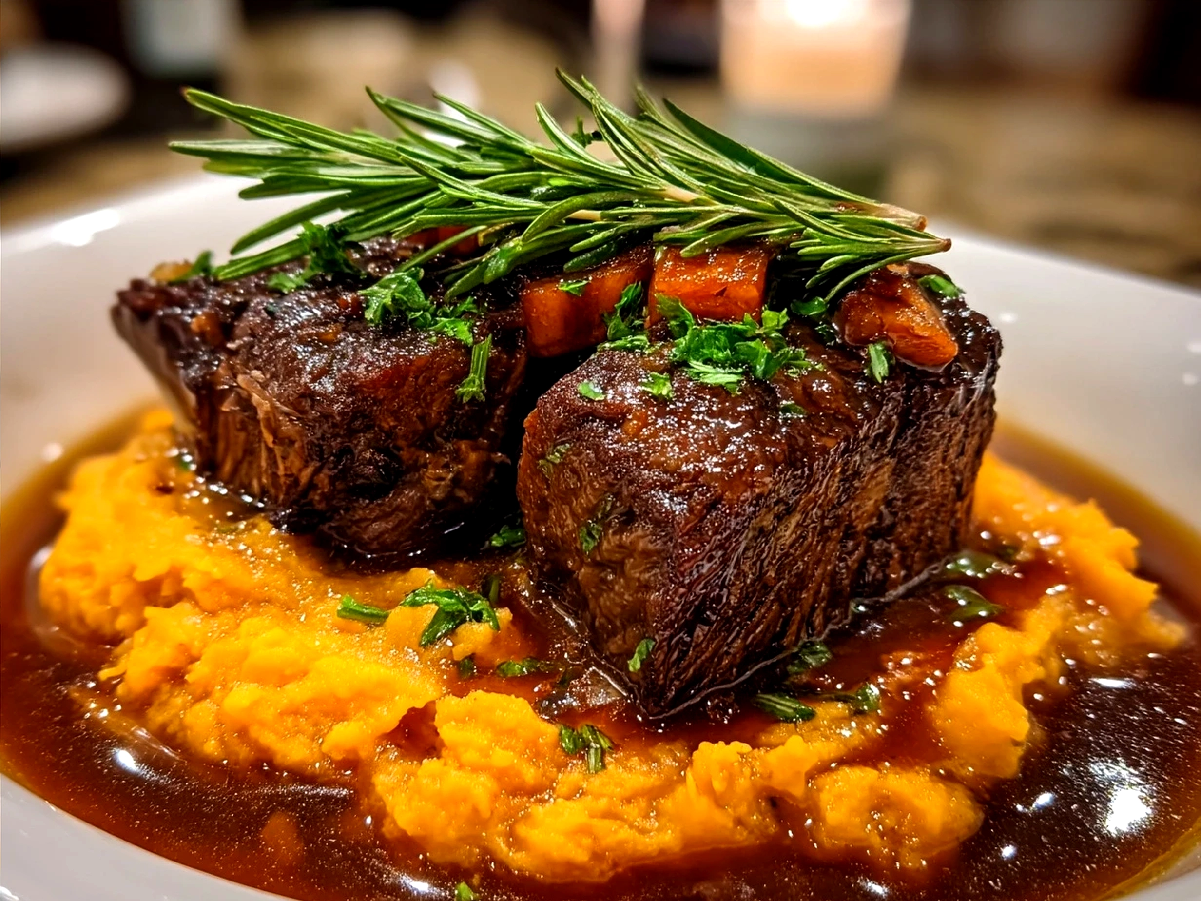 Apple Cider Braised Short Ribs served over Rosemary Mashed Sweet Potatoes