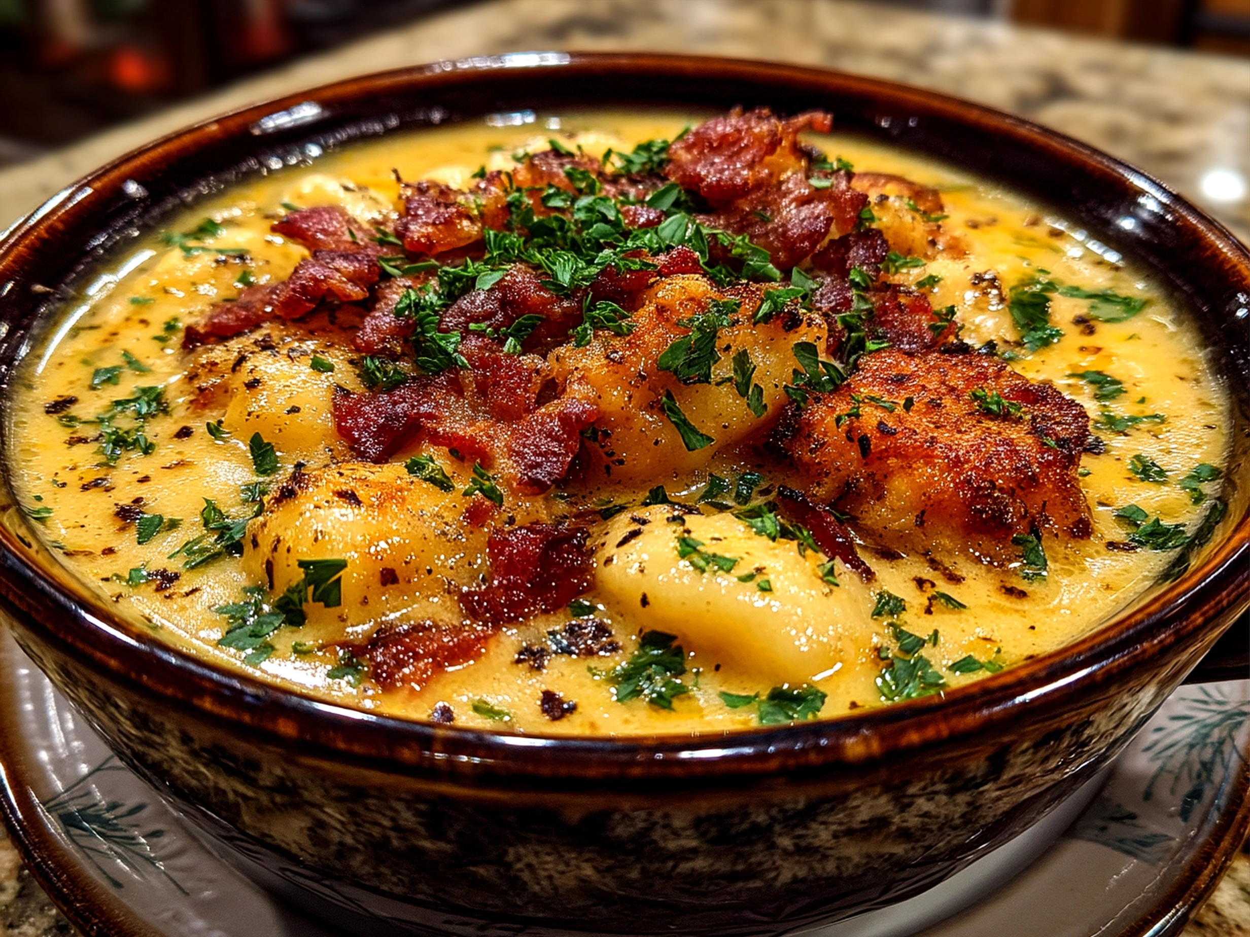 Bowl of creamy Bacon Cheddar Gnocchi Soup garnished with chives