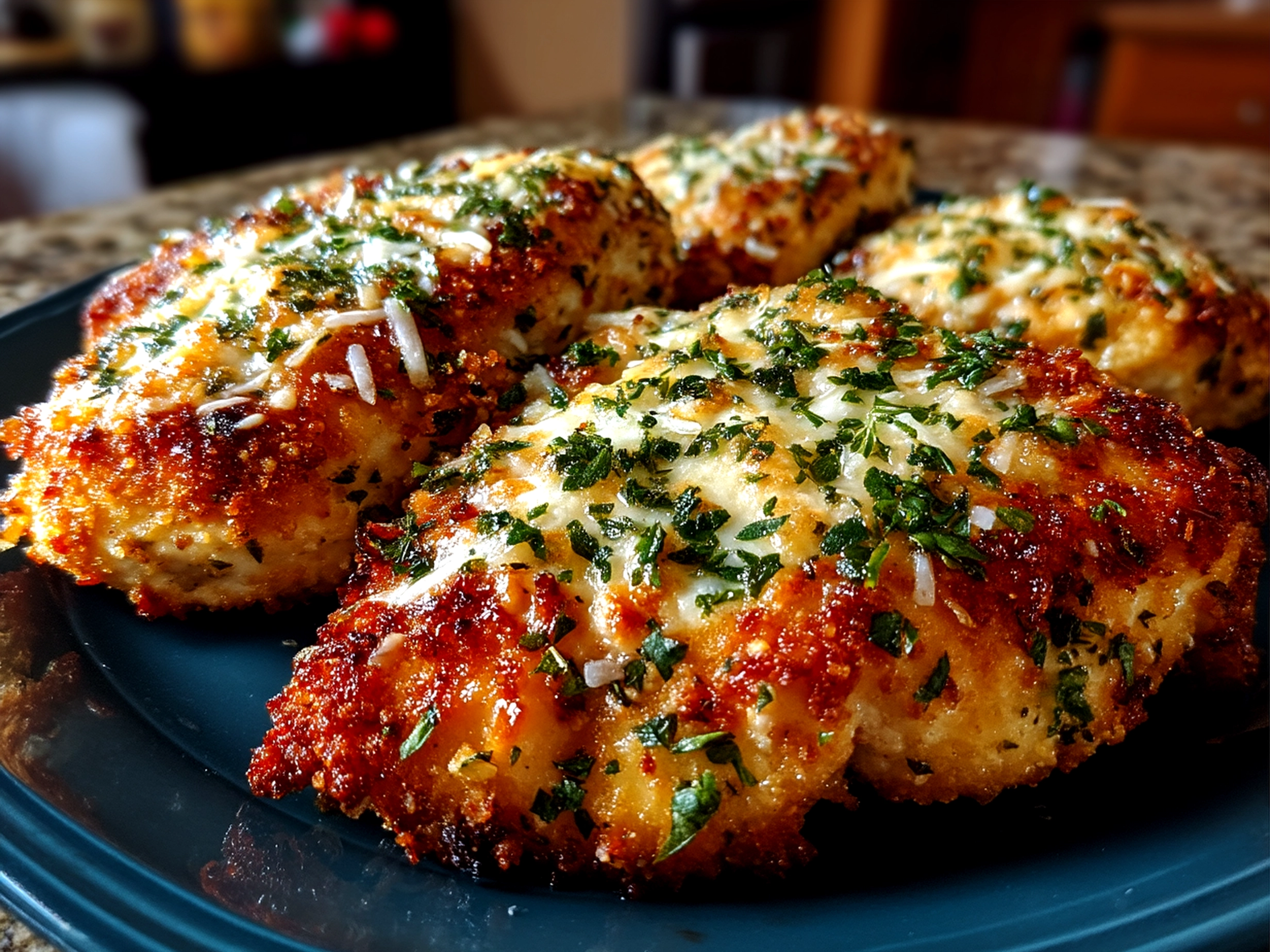 Plated Baked Parmesan Crusted Chicken with garnish and sides
