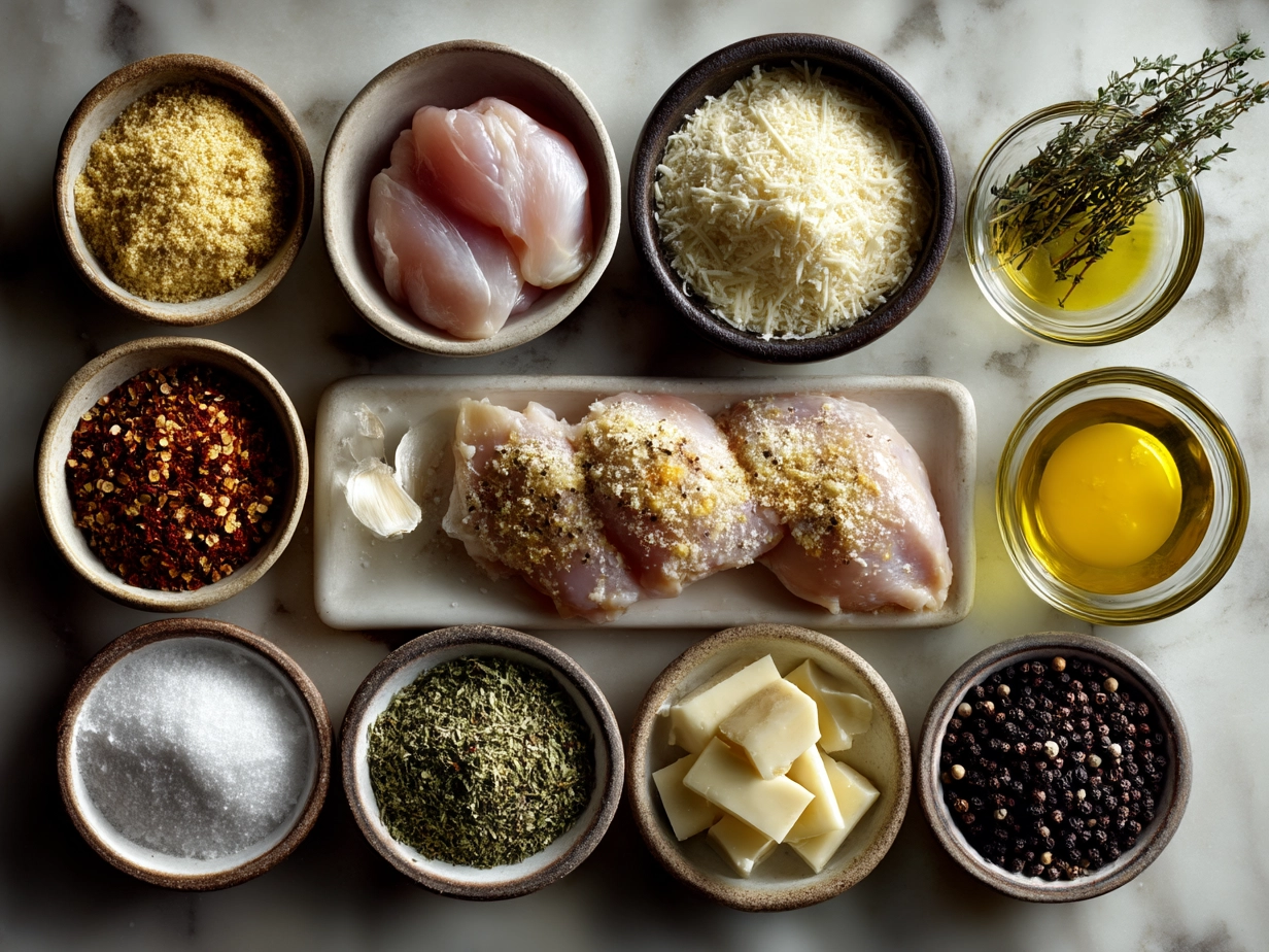 Ingredients for Baked Parmesan Crusted Chicken including chicken breasts, Parmesan cheese, panko breadcrumbs, and seasonings