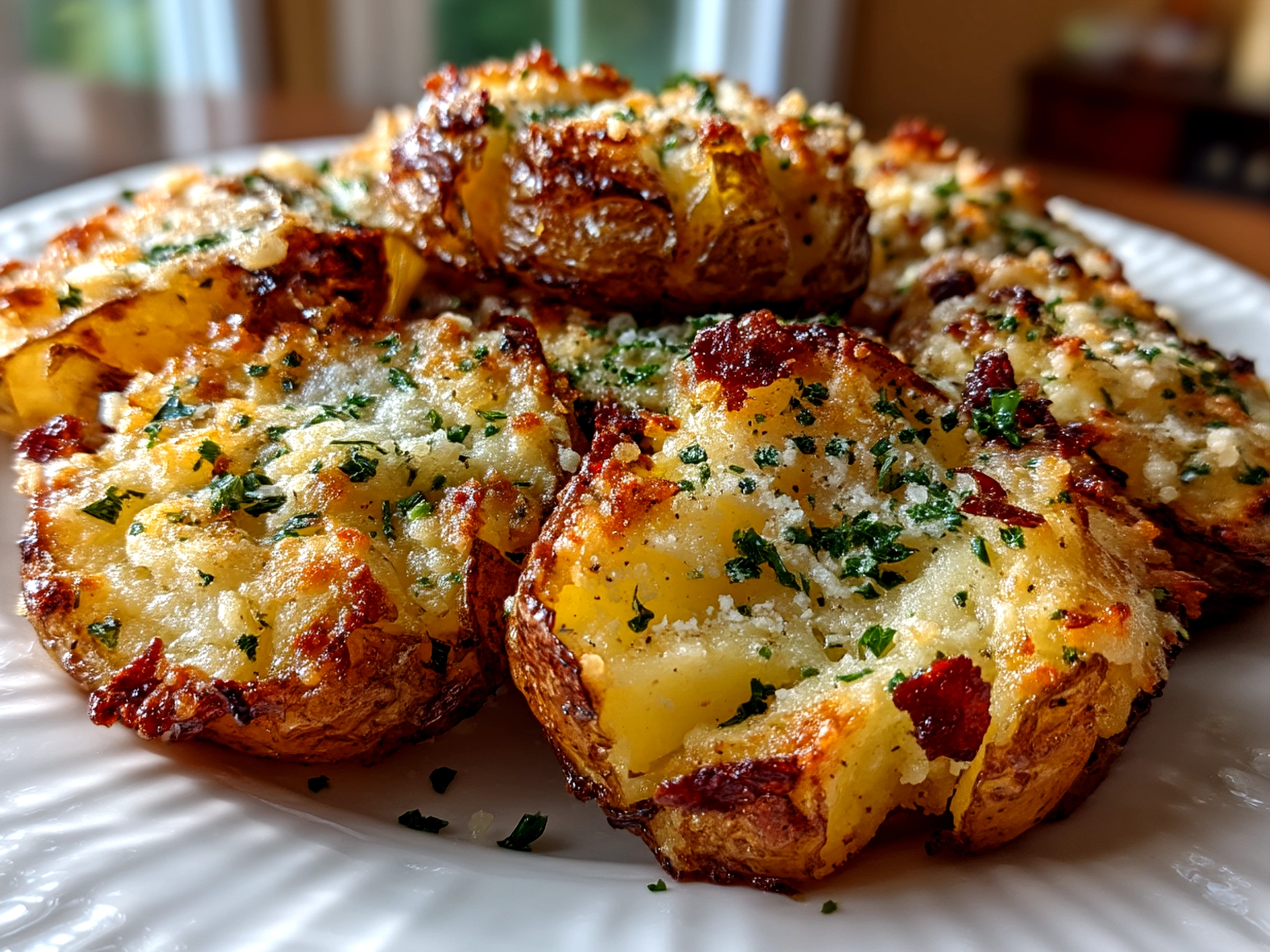 A platter of crispy Baked Smashed Garlic Parmesan Potatoes garnished with fresh parsley