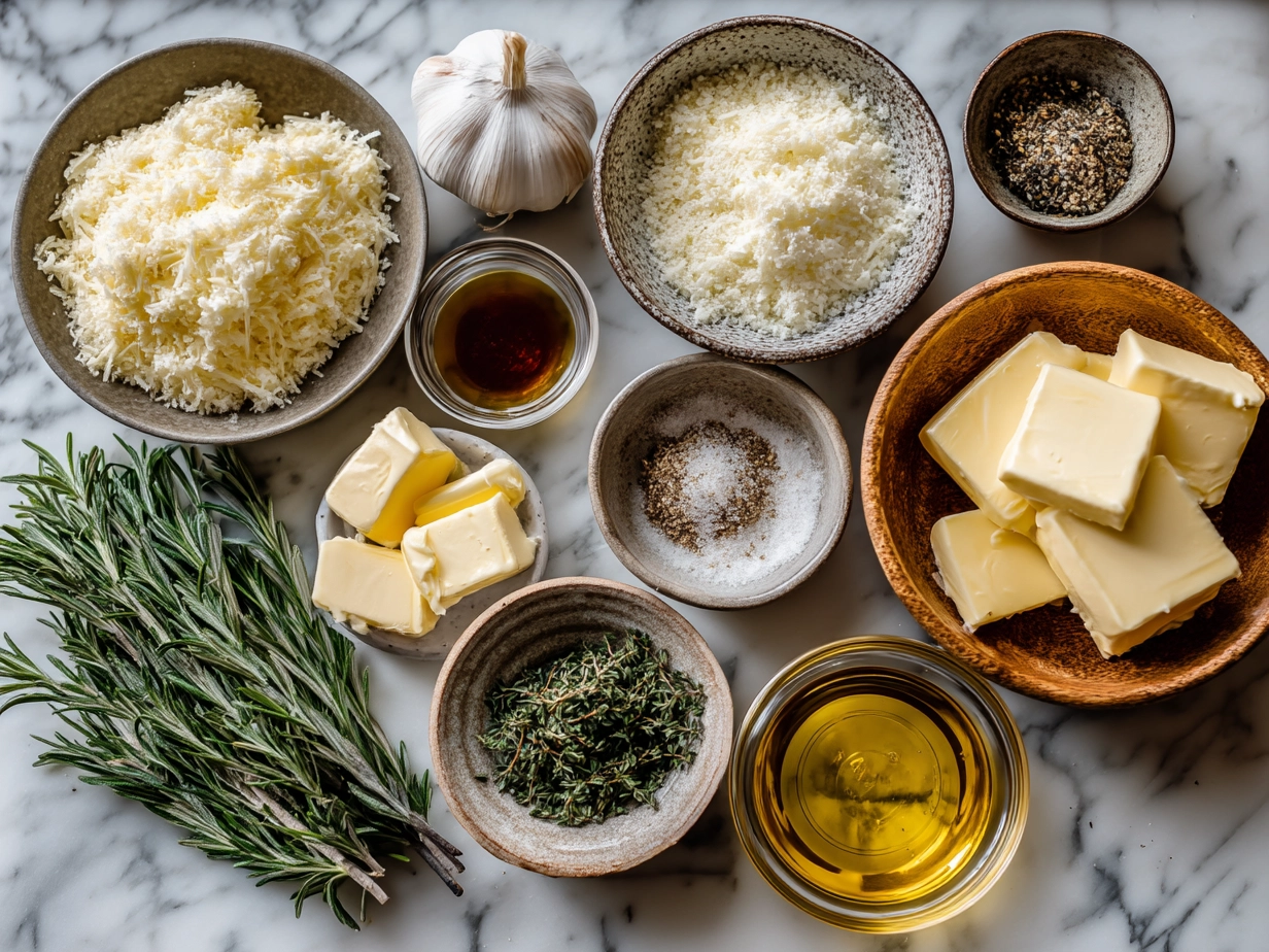 Ingredients for Baked Smashed Garlic Parmesan Potatoes laid out on a table
