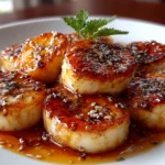 Beautiful caramelized baked banana slices on white plate