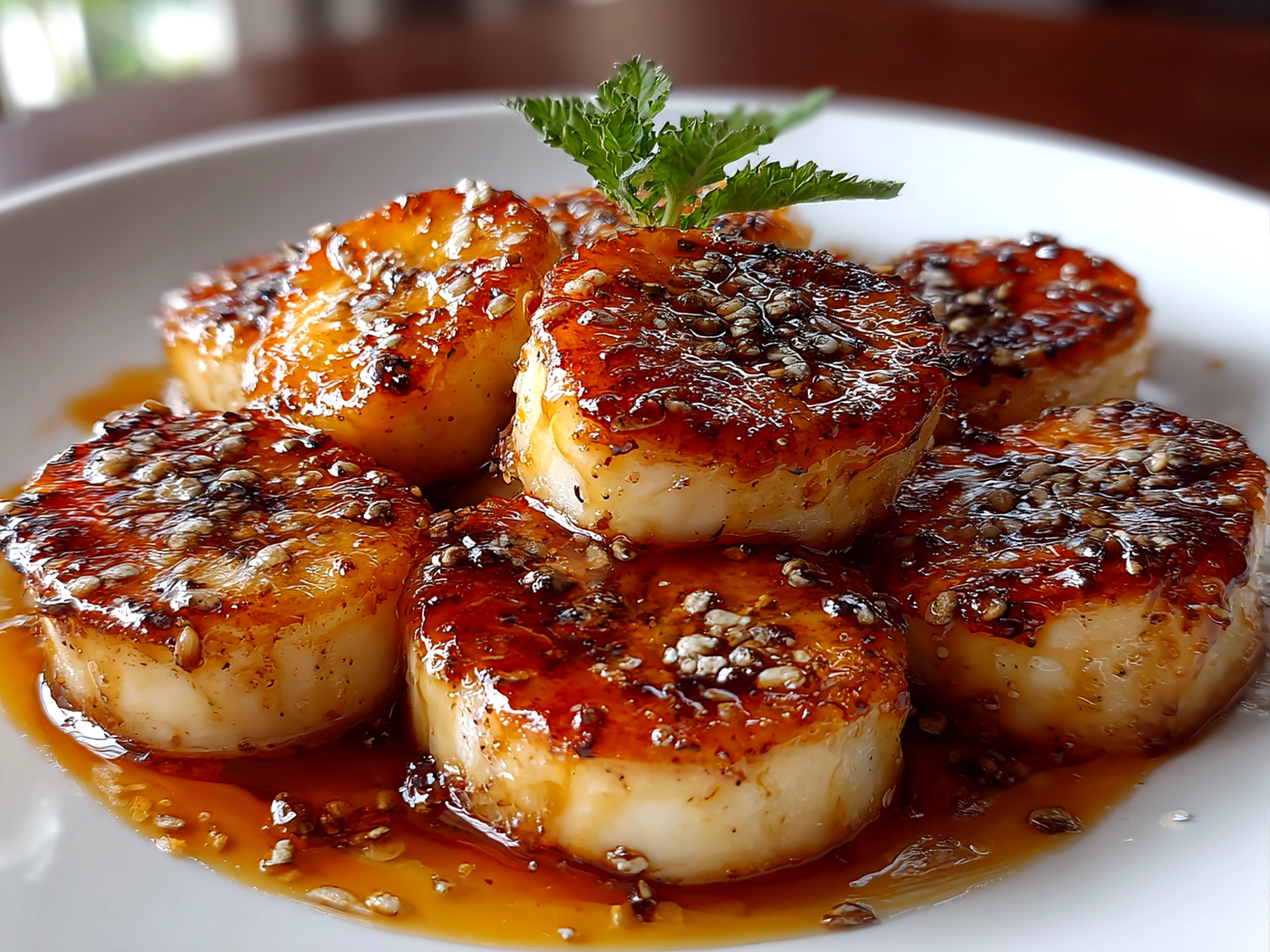 Beautiful caramelized baked banana slices on white plate