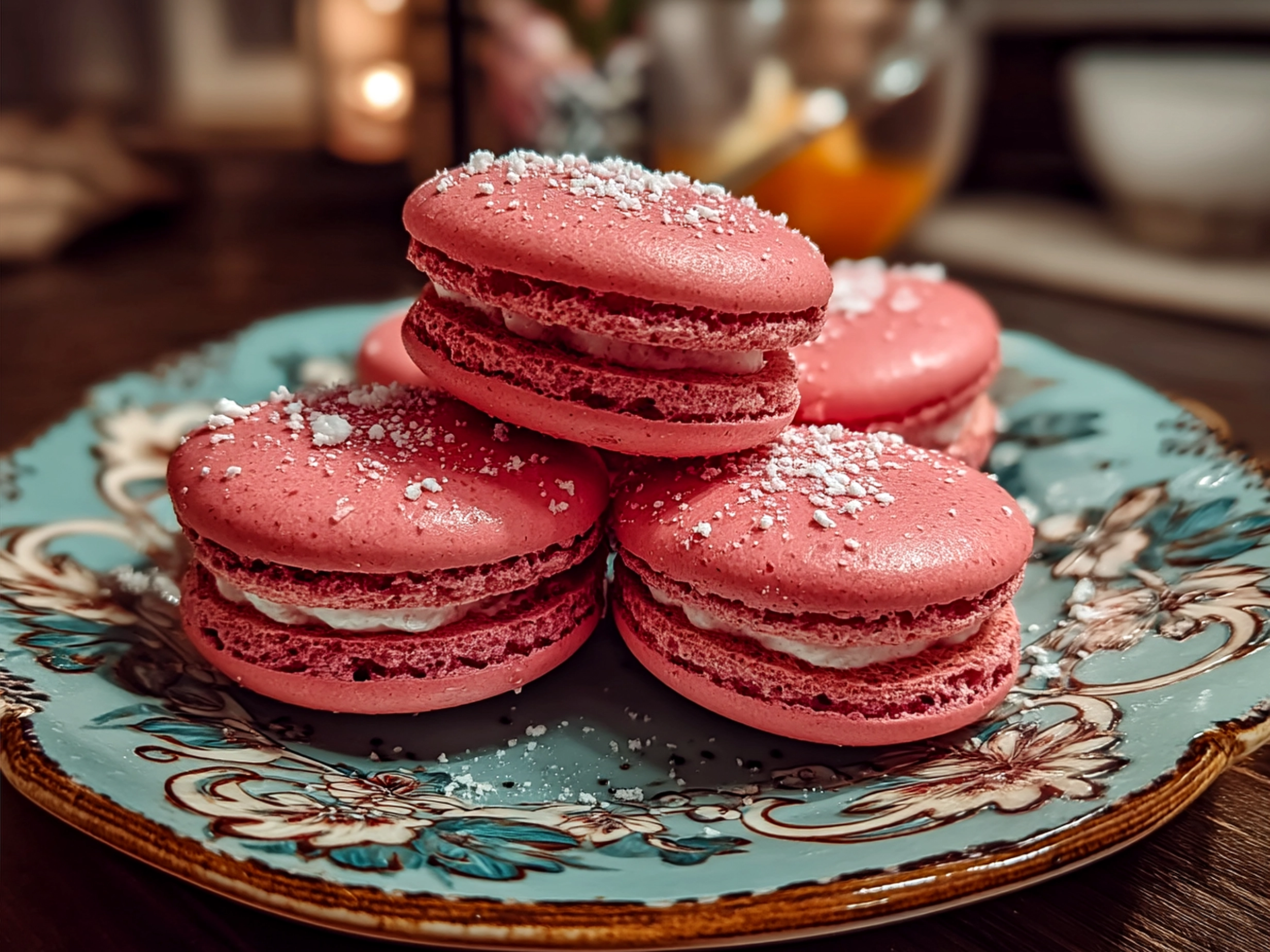 Served Beet Macarons with creamy filling on a white plate