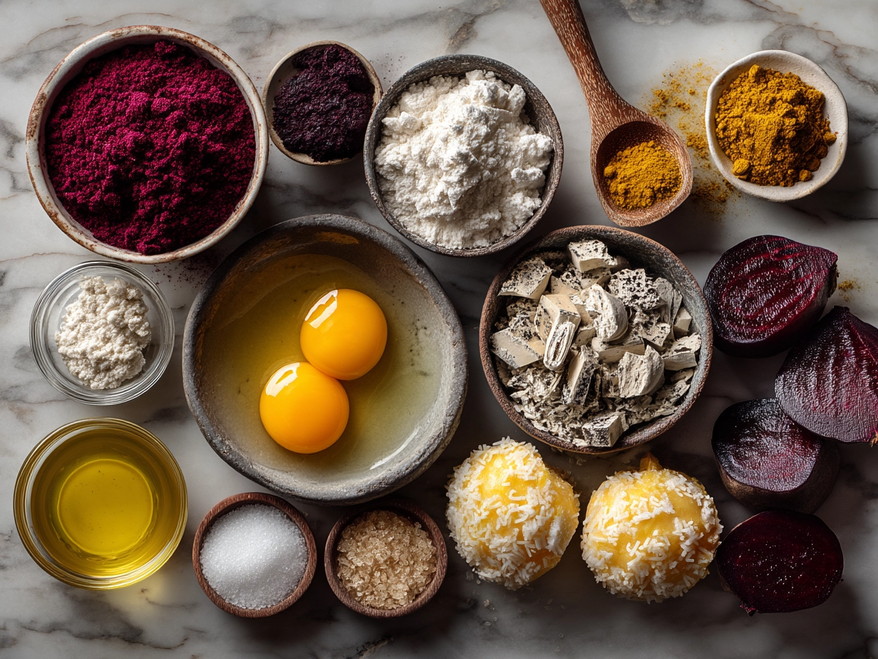 Ingredients for Beet Macarons displayed on a table