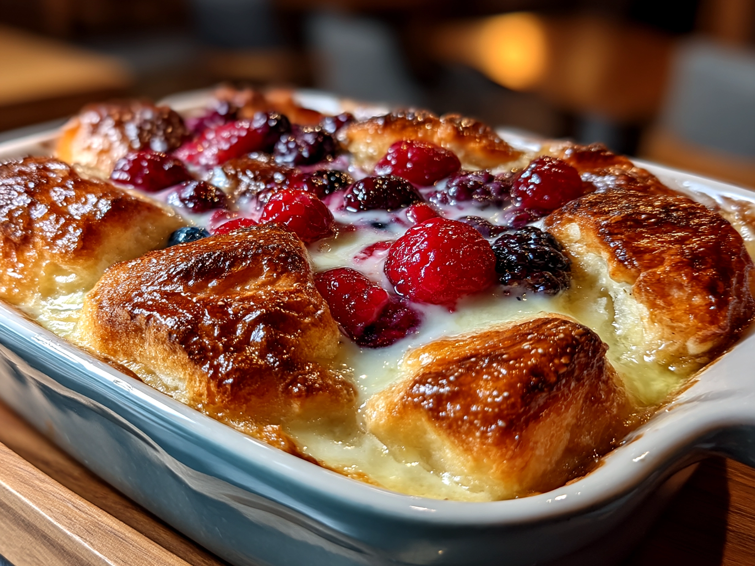 Berry Croissant Breakfast Bake served in a glass dish, dusted with powdered sugar and garnished with fresh berries