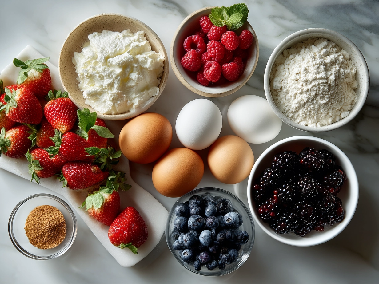 Ingredients laid out for Berry Croissant Breakfast Bake including croissants, mixed berries, cream cheese, eggs, and spices