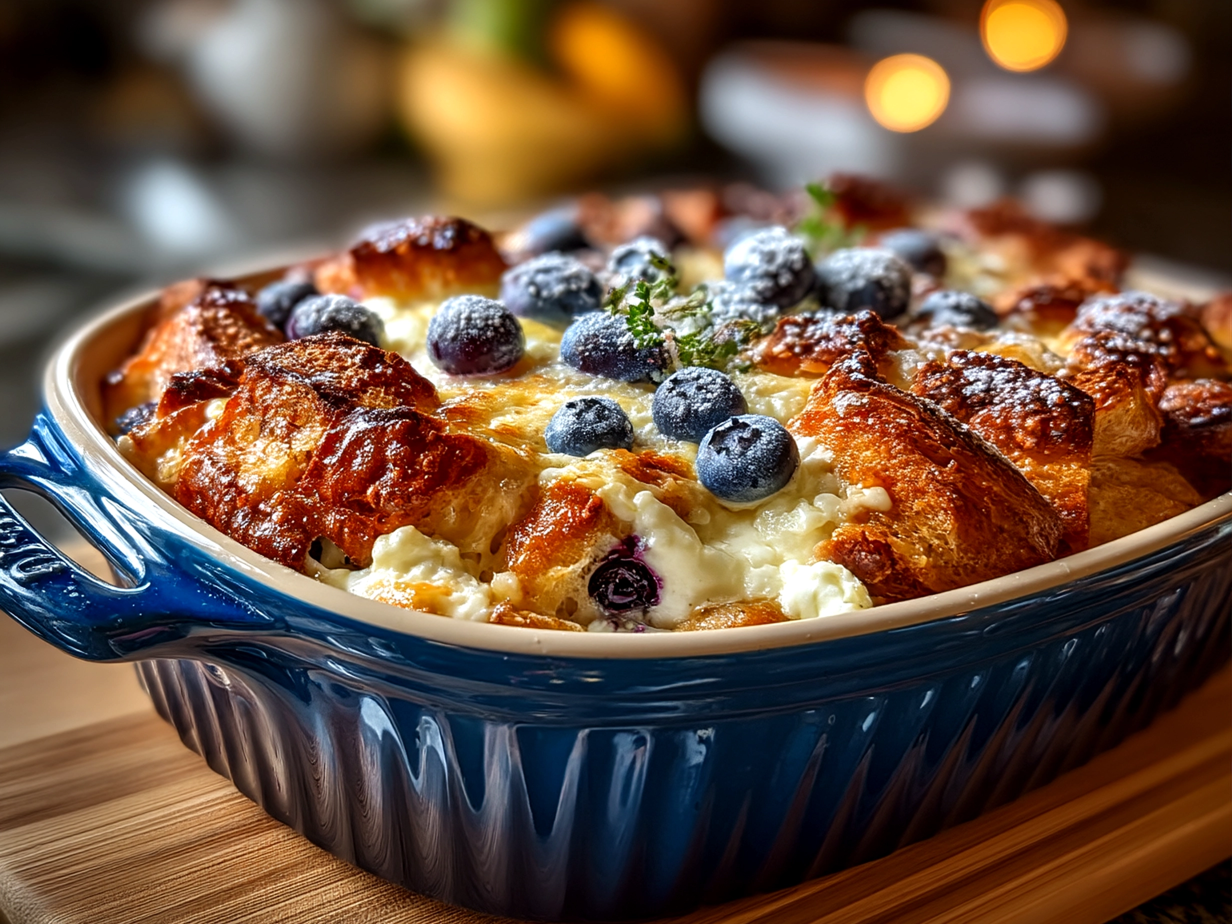 Serving Blueberry Cream Cheese Croissant Casserole with fresh fruit on the breakfast table