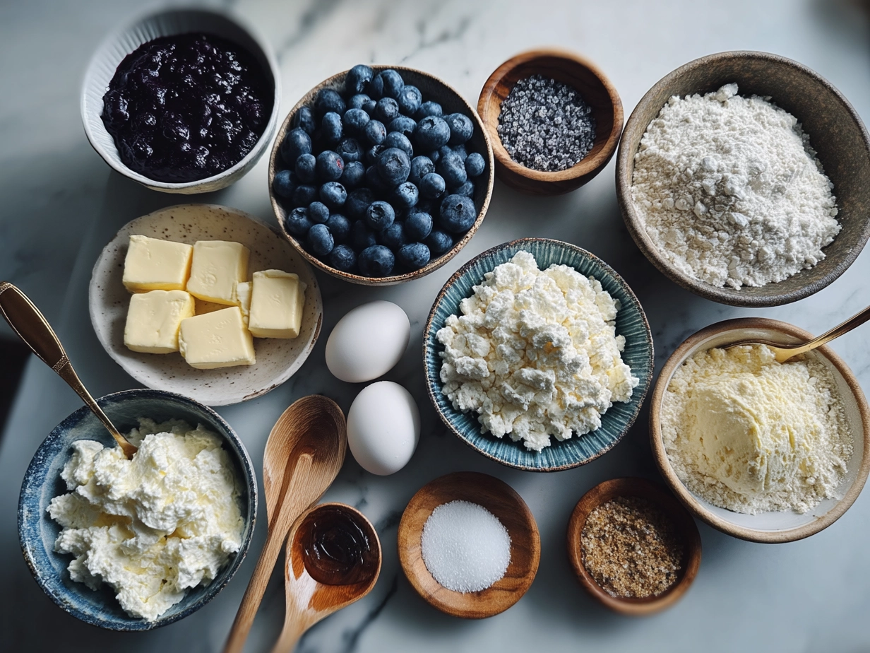 Ingredients for Blueberry Cream Cheese Croissant Casserole laid out on a kitchen table