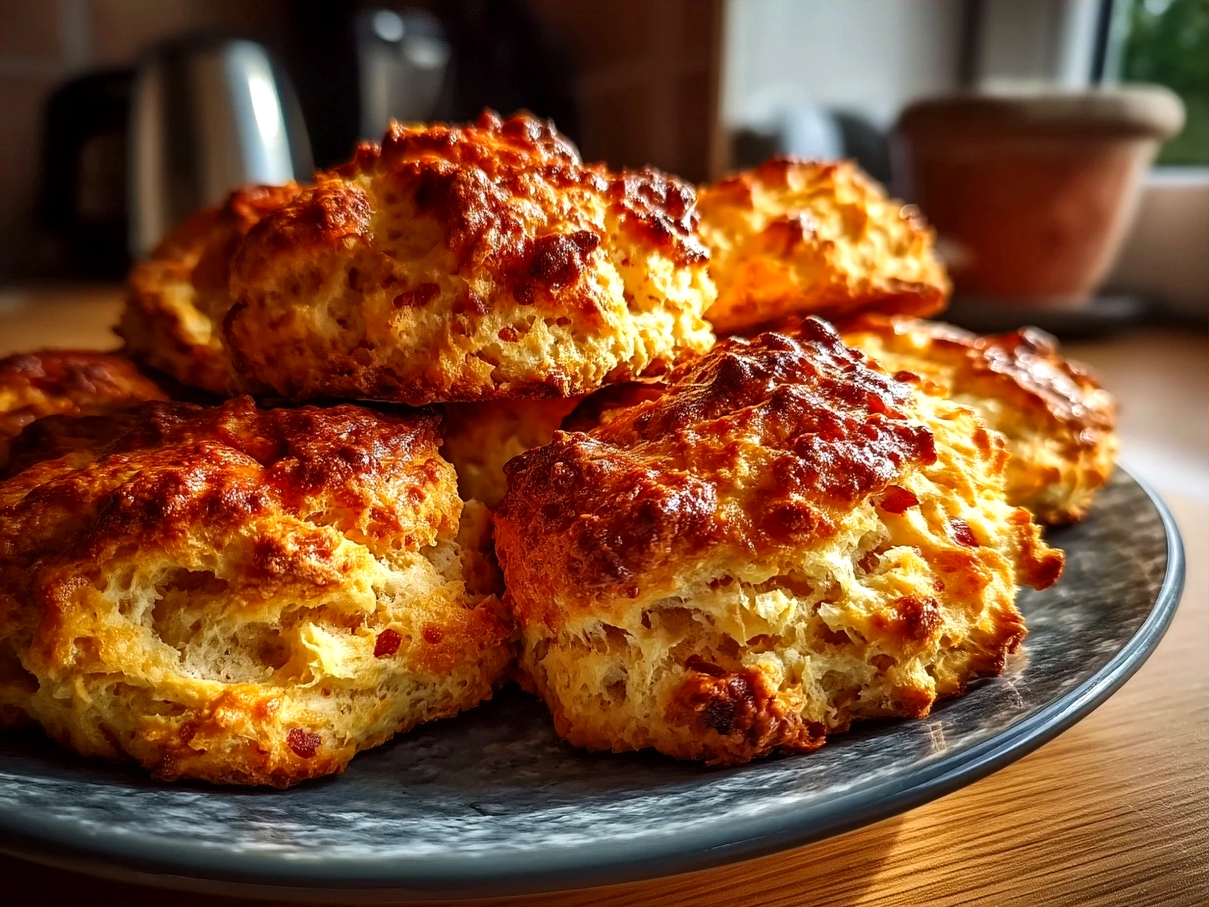 Served Breakfast Protein Biscuits on a plate, garnished with herbs