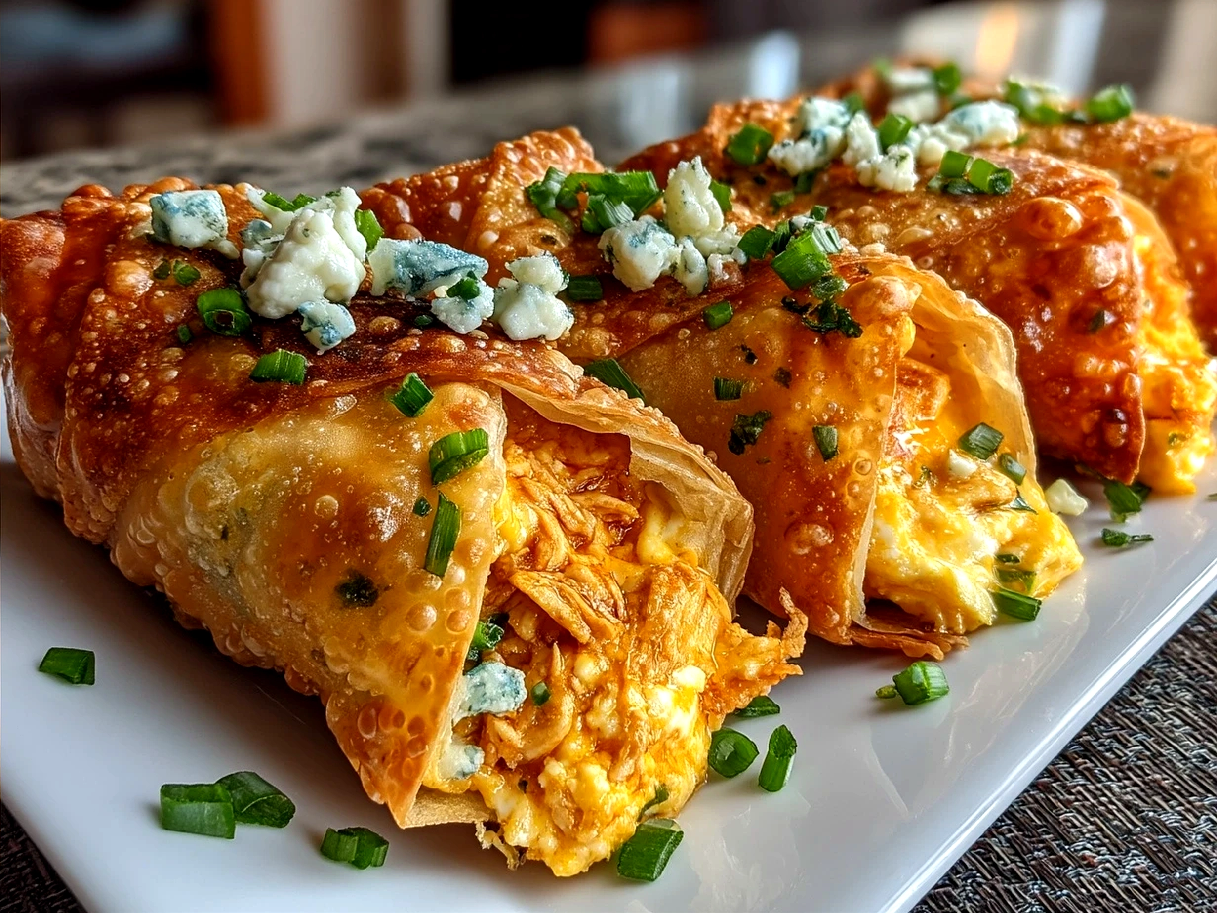 Serving Buffalo Chicken Dip Egg Rolls with celery sticks and ranch dip