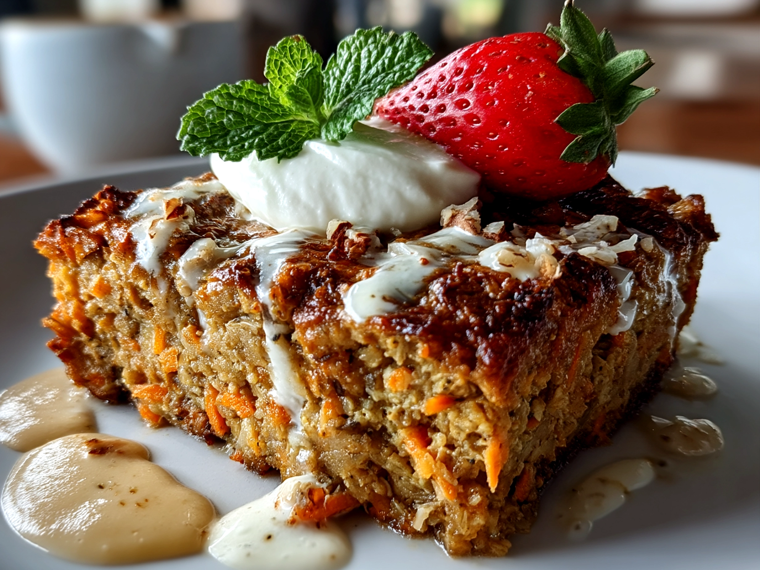Serving Carrot Cake Baked Oatmeal with toppings like Greek yogurt and nuts