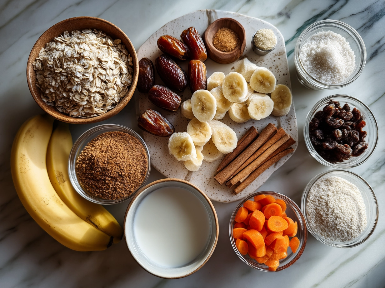 Ingredients for Carrot Cake Baked Oatmeal displayed on a kitchen counter
