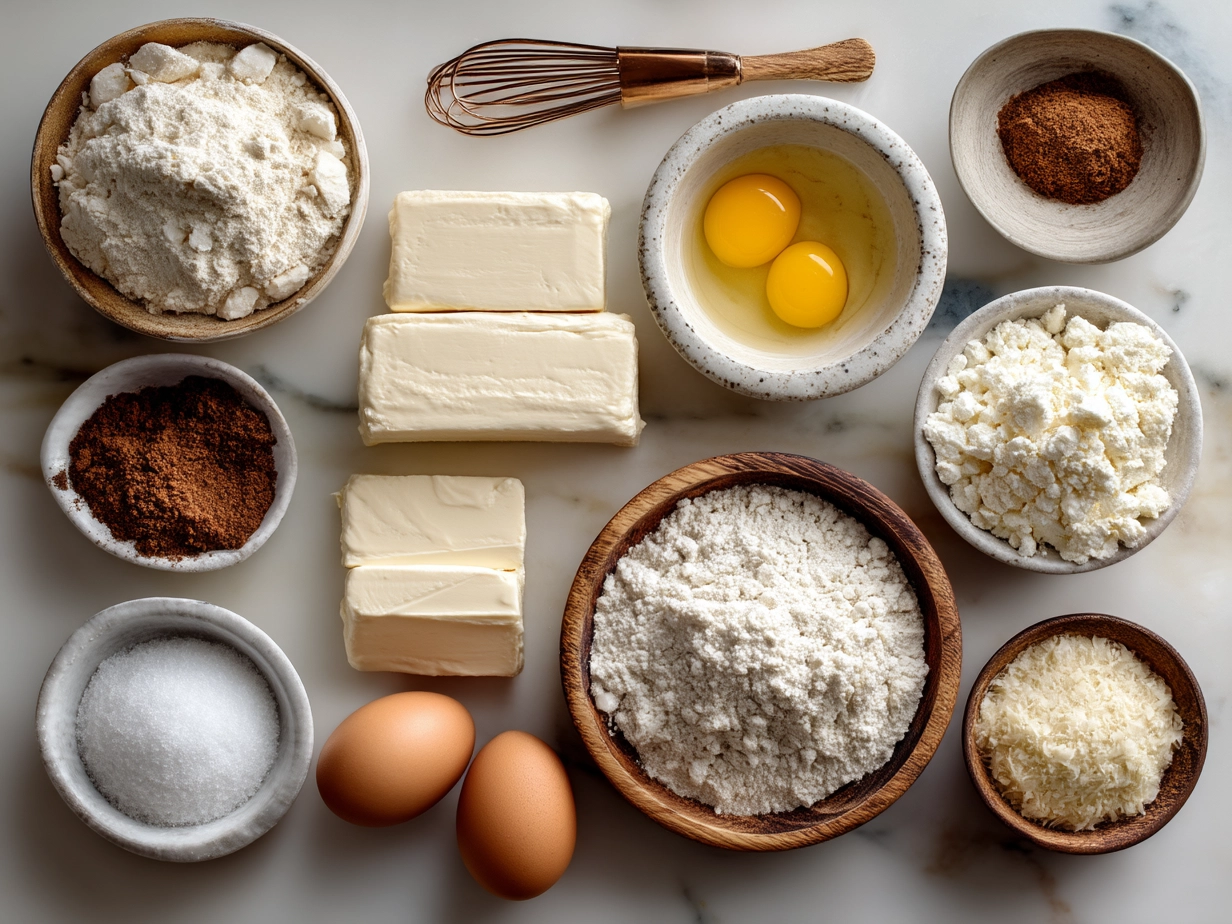 Ingredients for Cheesecake Slab including graham cracker crumbs, cream cheese, sugar, vanilla, and heavy cream
