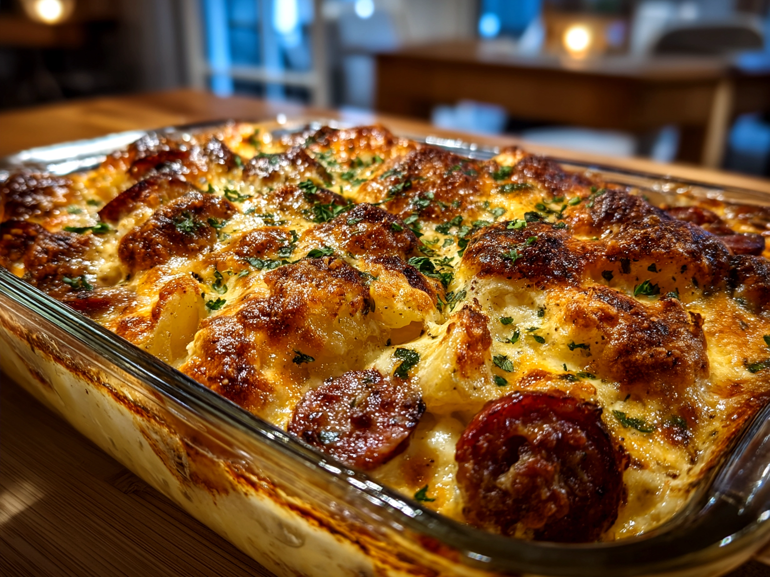 Deliciously served Cheesy Ranch Potatoes and Smoked Sausage garnished with chopped green onions