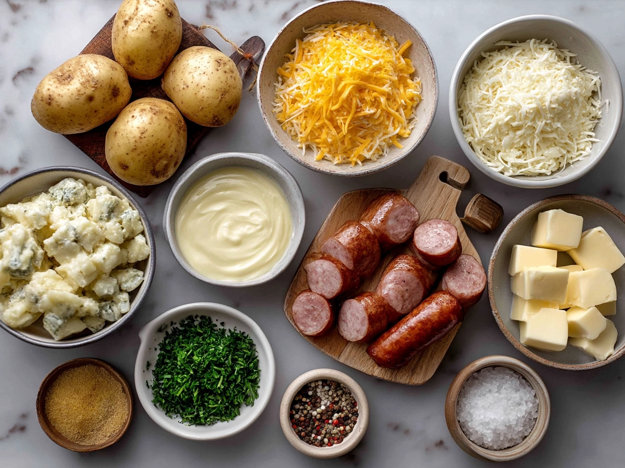 Ingredients for Cheesy Ranch Potatoes and Smoked Sausage including smoked sausage, baby potatoes, cheese, ranch seasoning, and green onions