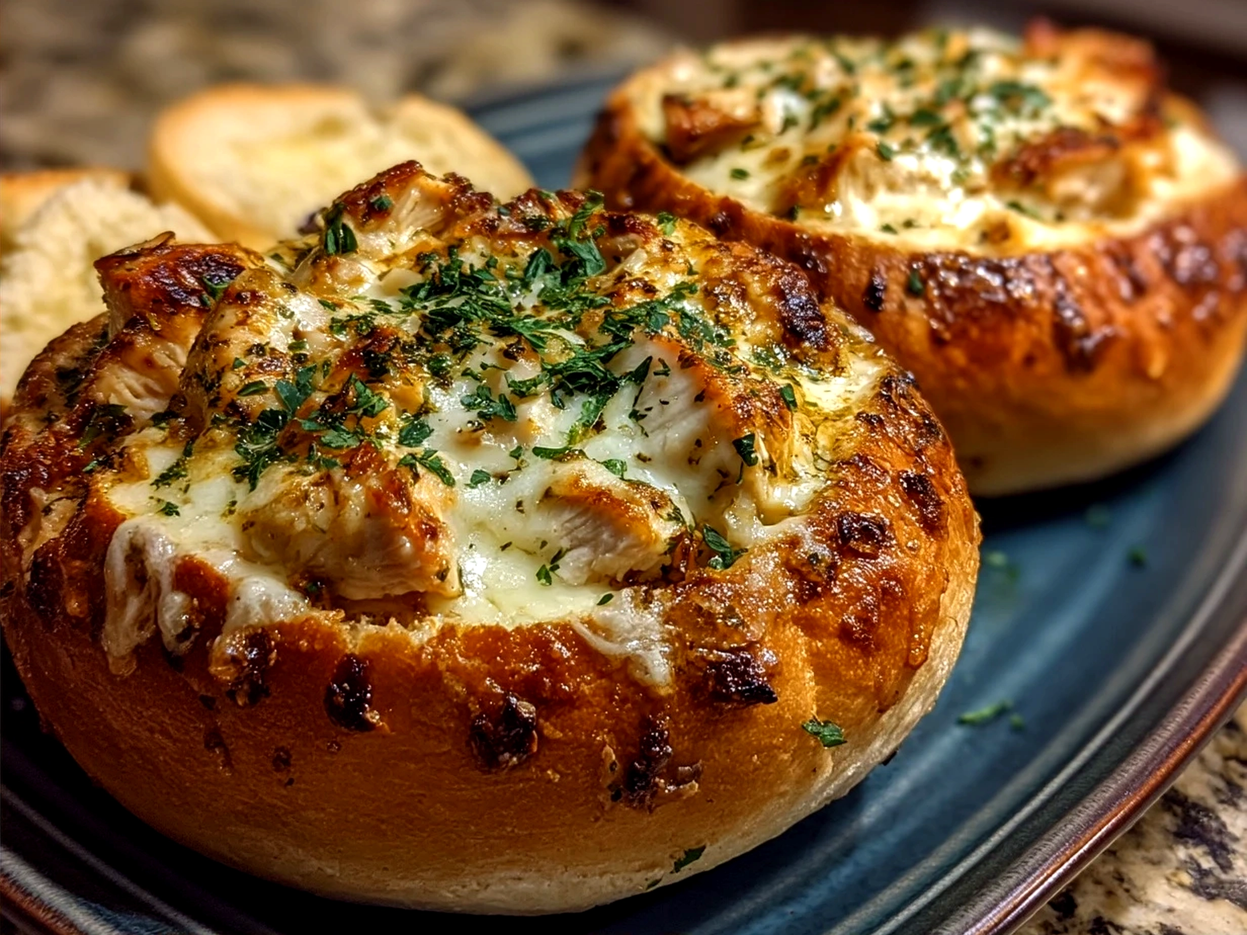 Served Chicken Alfredo Garlic Bread Bowls with melted cheese and garnish