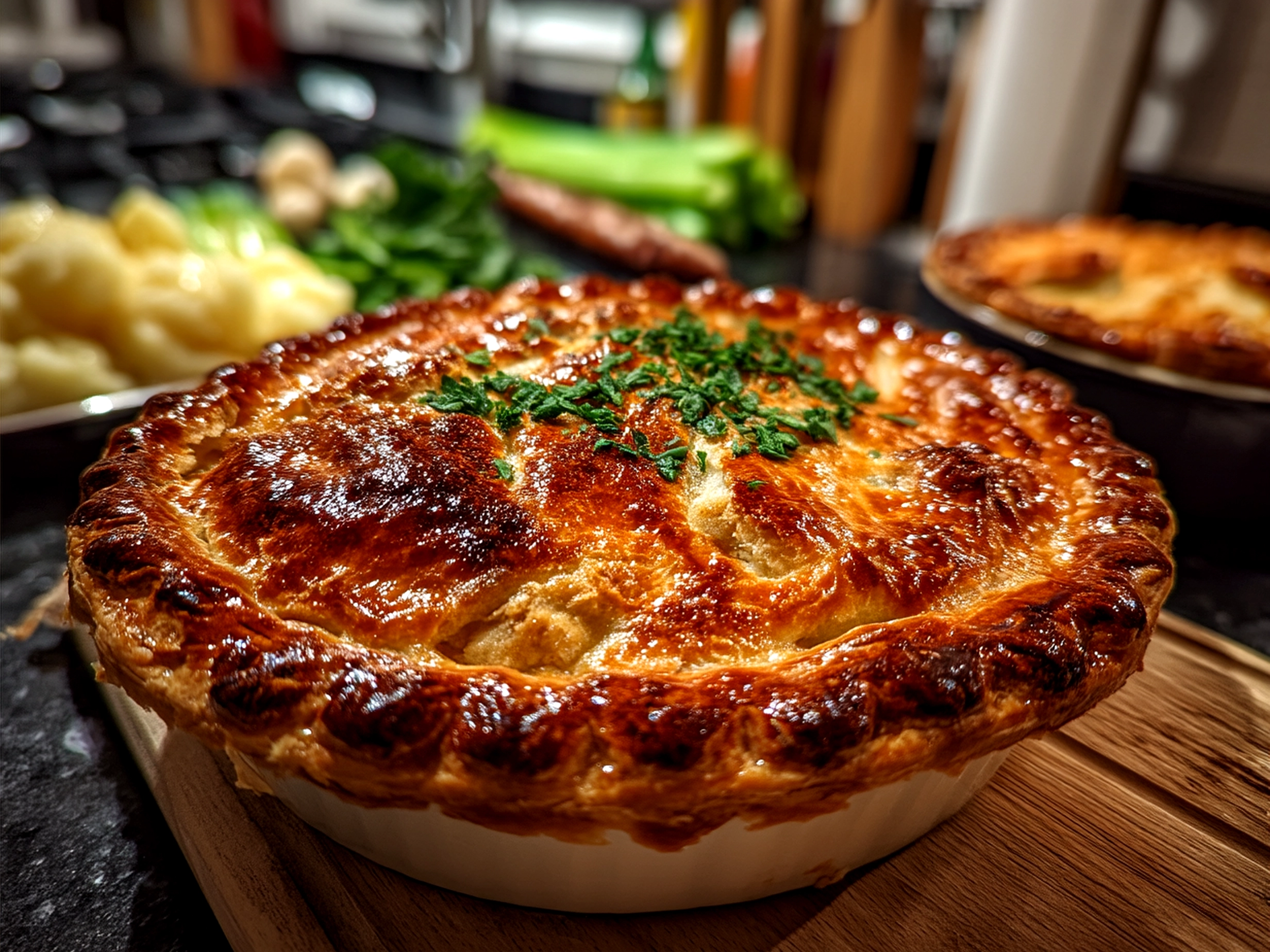 Freshly baked Chicken And Leek Pie served on a plate with side salad