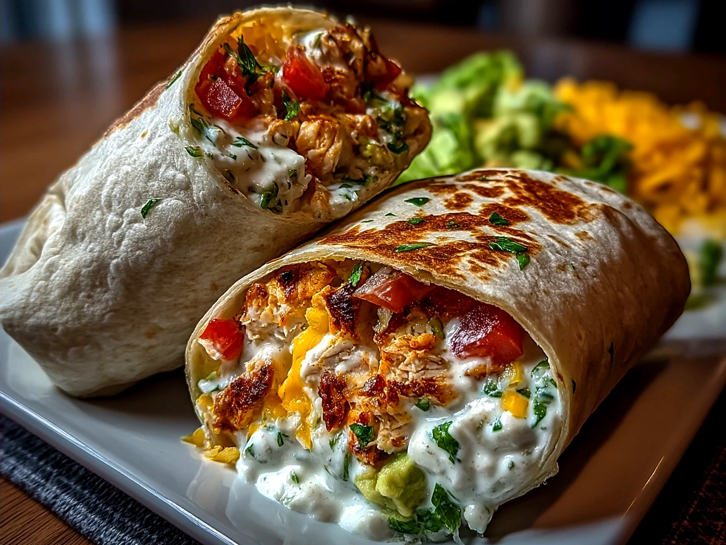 Chicken Avocado Ranch Burritos served on a plate with sides