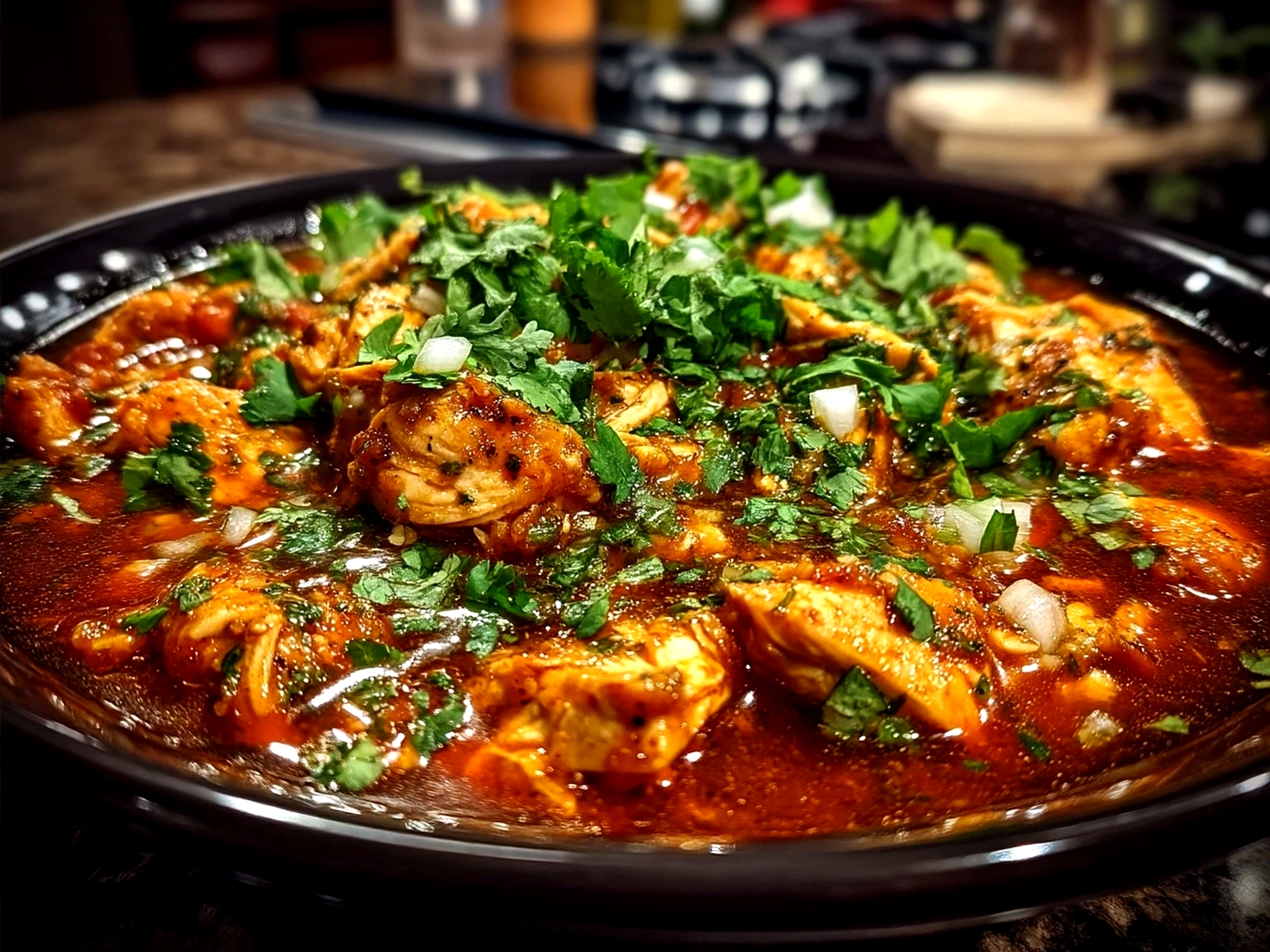 Served Chicken Enchilada Bowls garnished with cheese, cilantro, avocado, and lime wedges