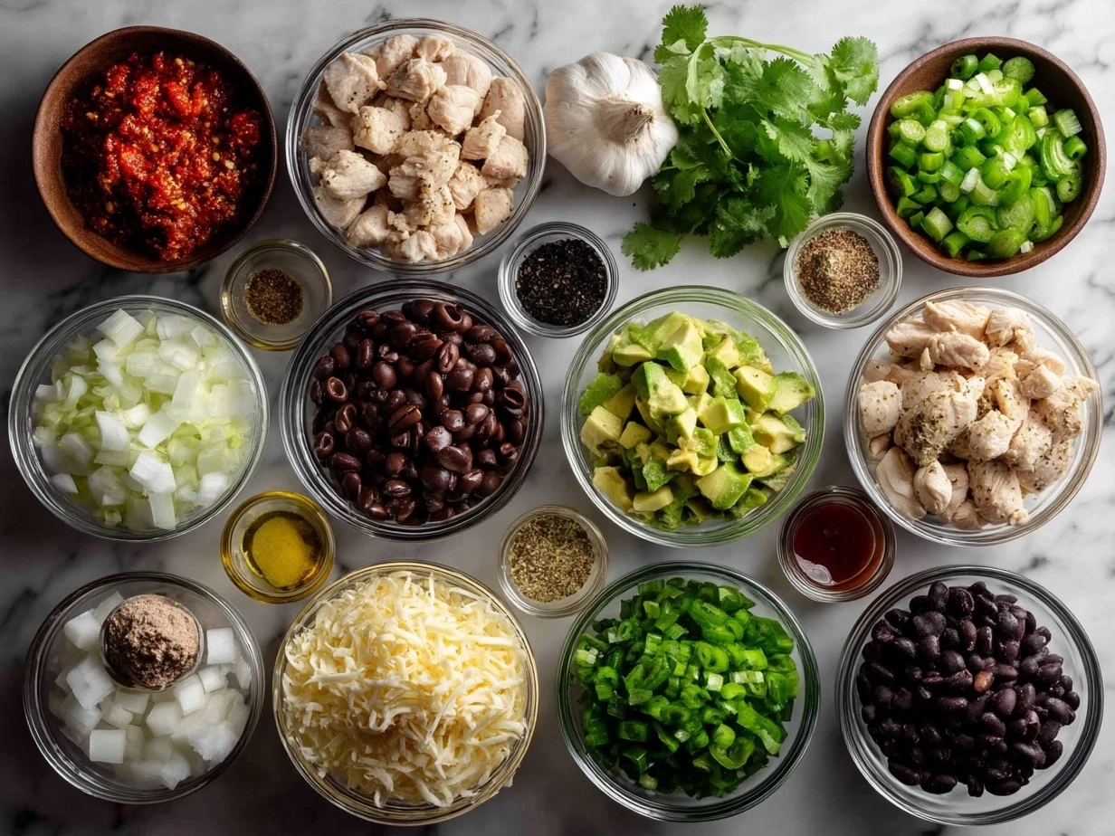 Ingredients for Chicken Enchilada Bowls including shredded chicken, rice, black beans, corn, cheese, enchilada sauce, onions, tomatoes, and spices