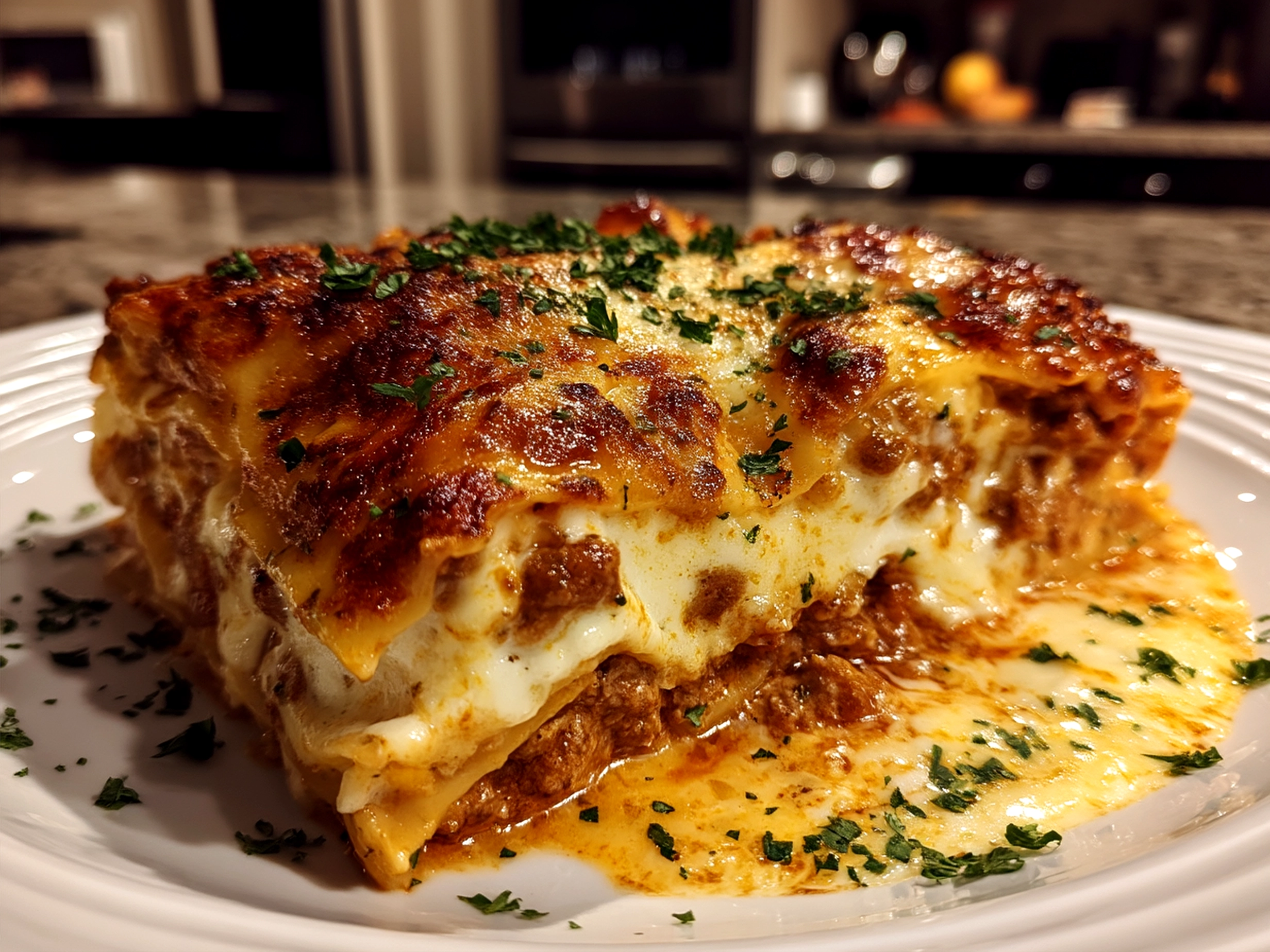 Served Classic Lasagna plated with salad and garlic bread