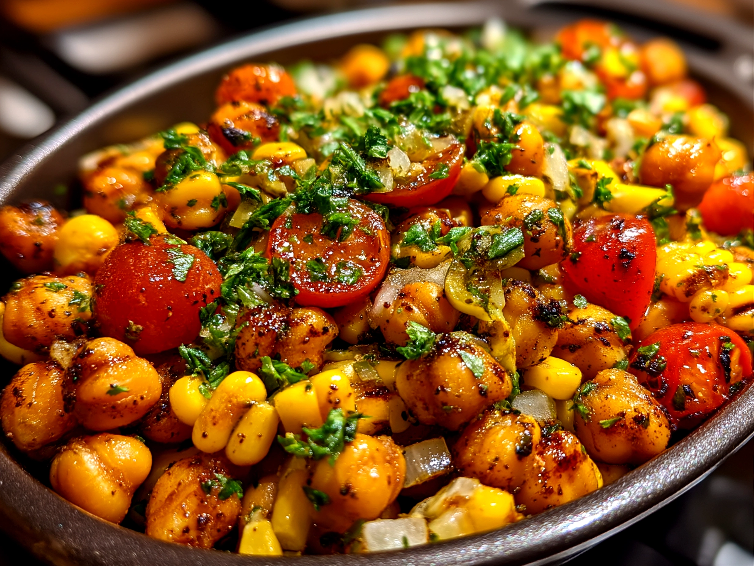 Close up of finished roasted chickpea corn mix with fresh garnish