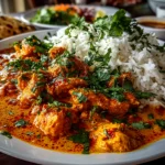 Close-up of freshly prepared Butter Chicken on white plate