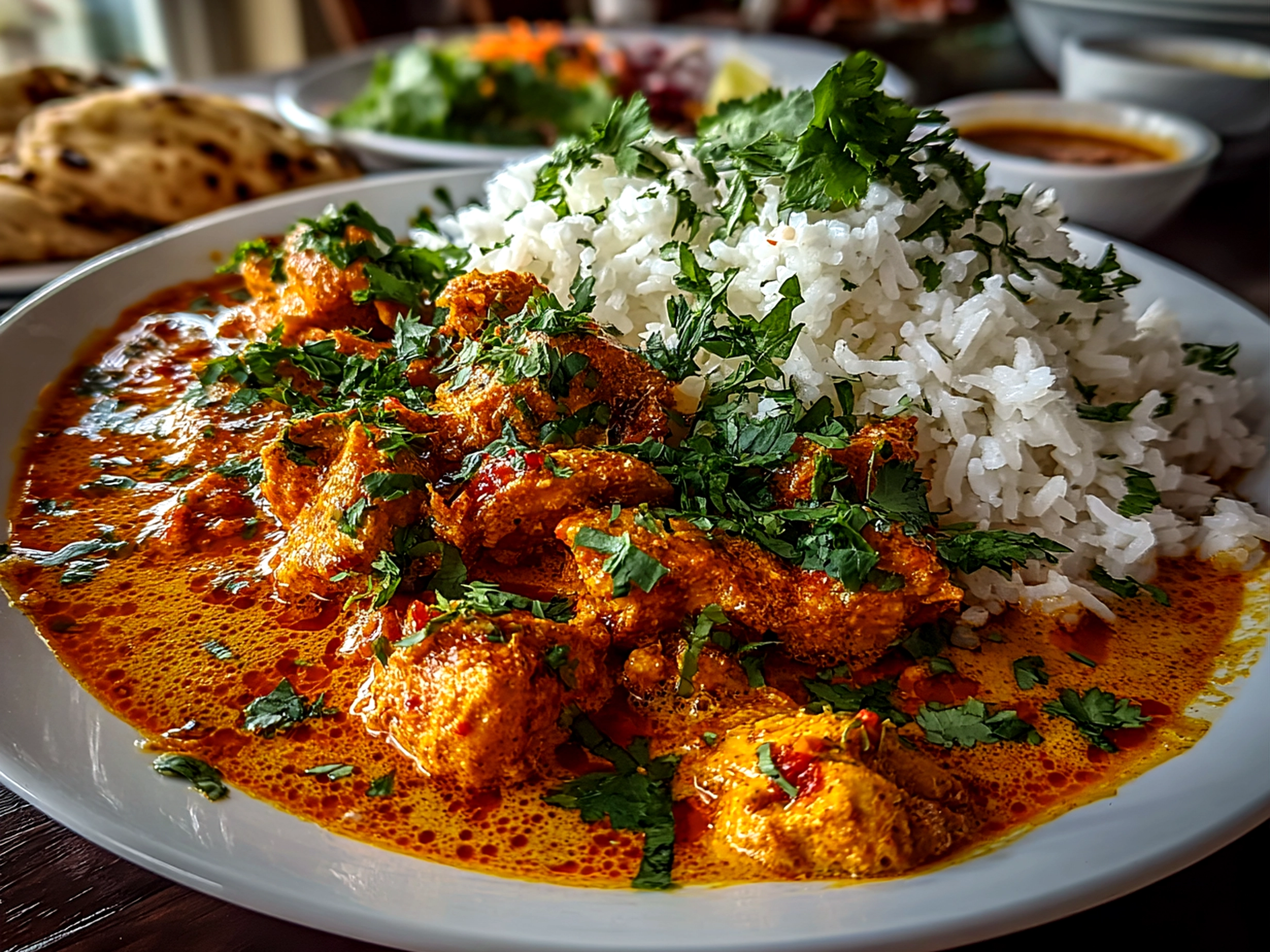 Close-up of freshly prepared Butter Chicken on white plate