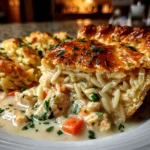 Comforting Chicken Pot Pie Orzo Close-Up