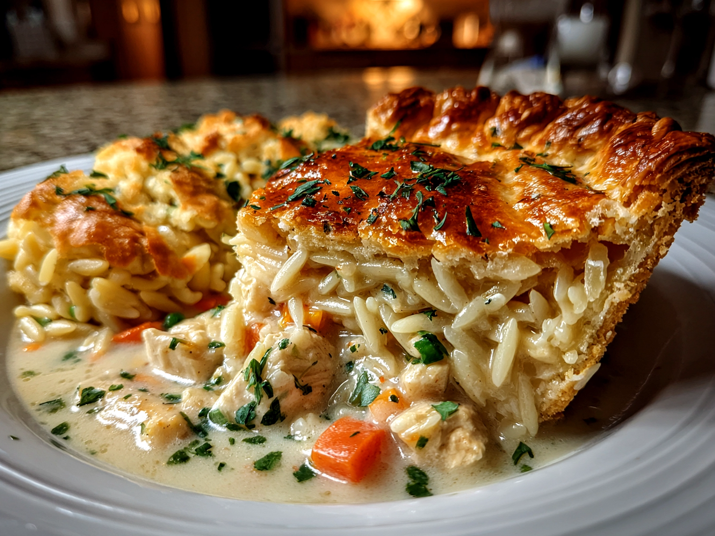 Comforting Chicken Pot Pie Orzo Close-Up