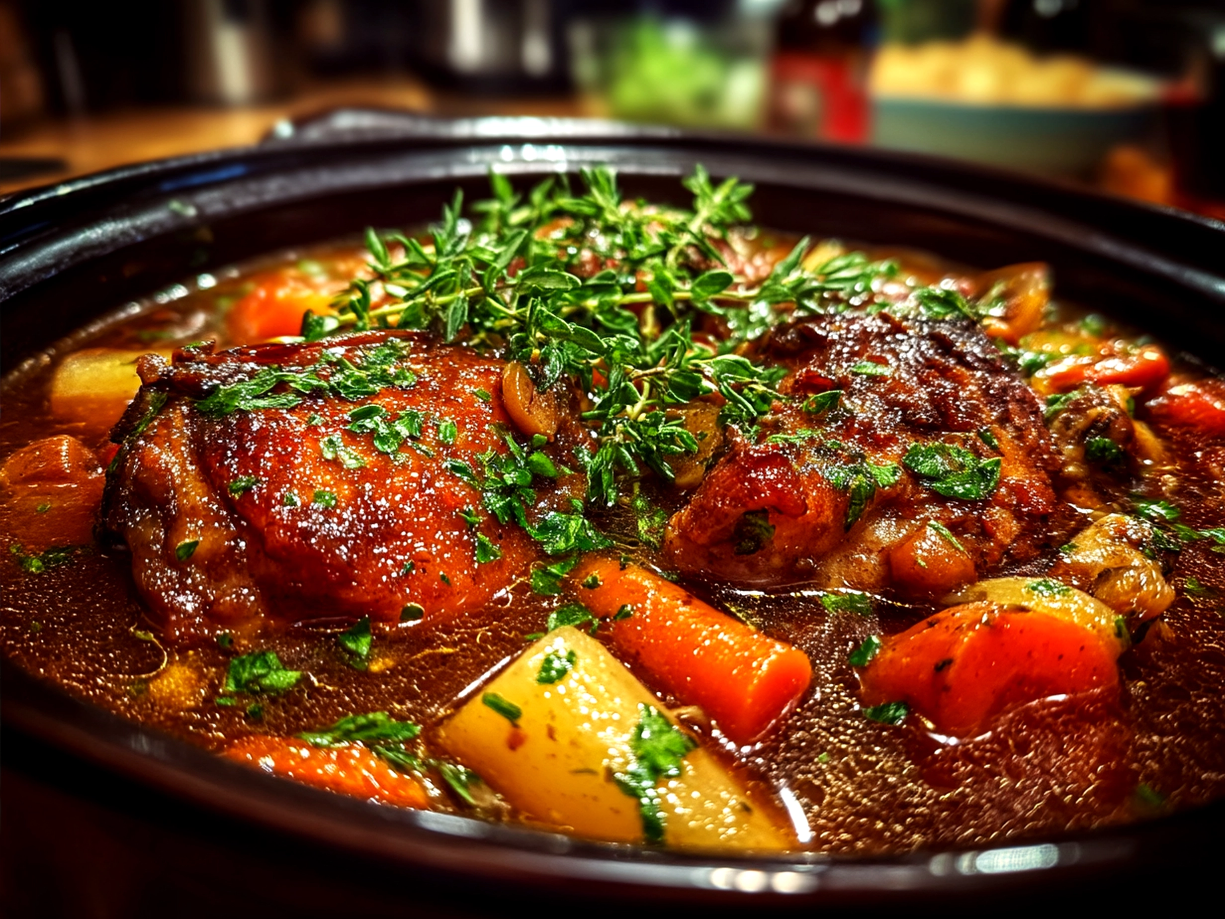 Coq au Vin Classic Chicken served in bowl with mushrooms and fresh parsley garnish