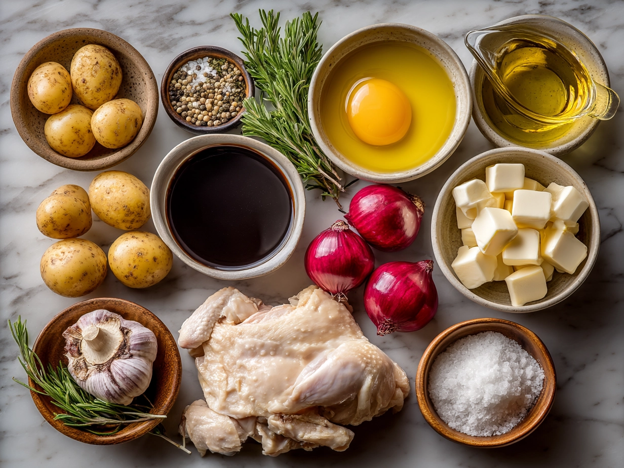 Ingredients for Coq au Vin Classic Chicken laid out including chicken, bacon, red wine, mushrooms, onions, garlic, tomato paste, herbs, and butter