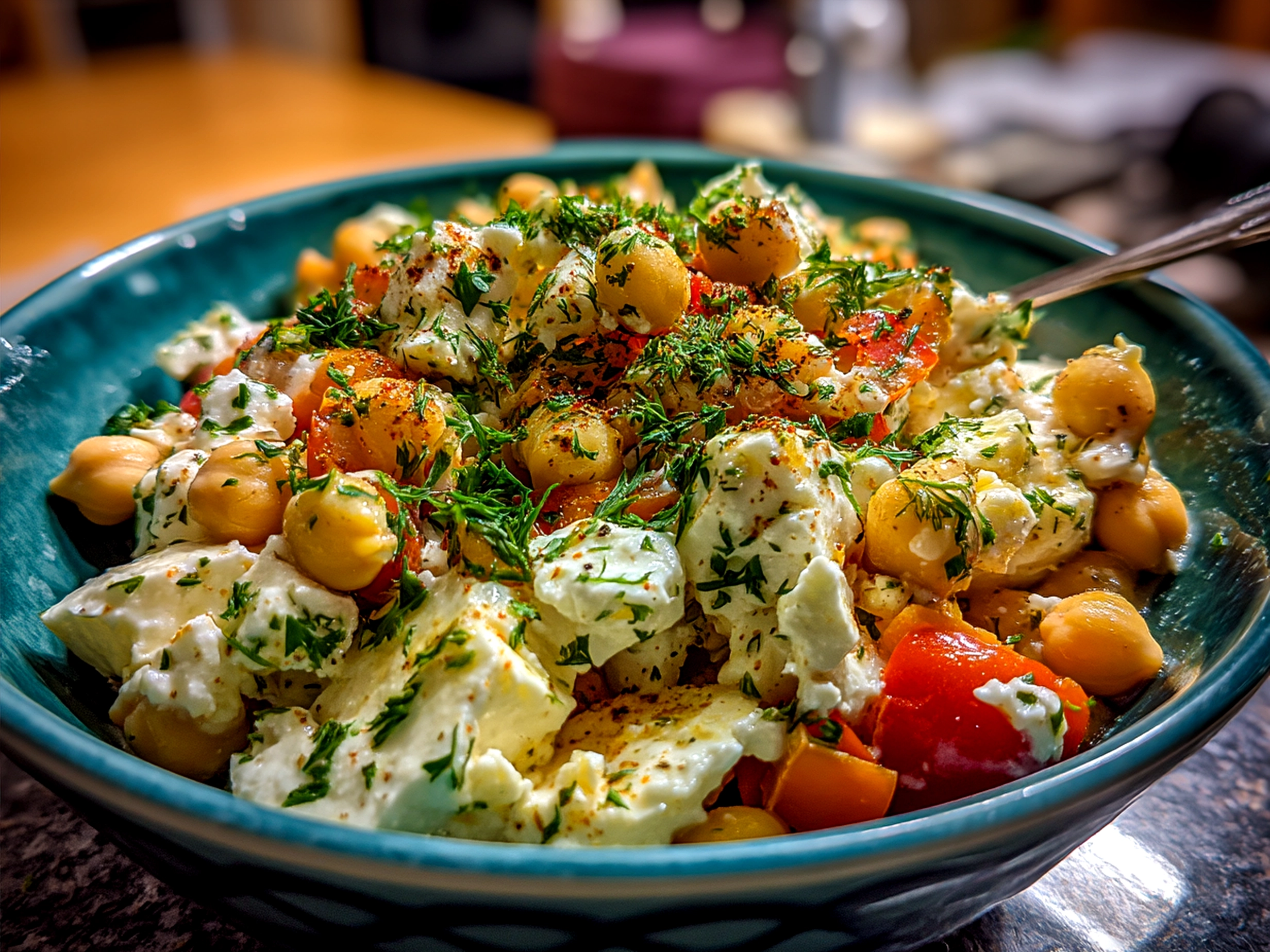 Final Cottage Cheese and Chickpea Salad served in a bowl