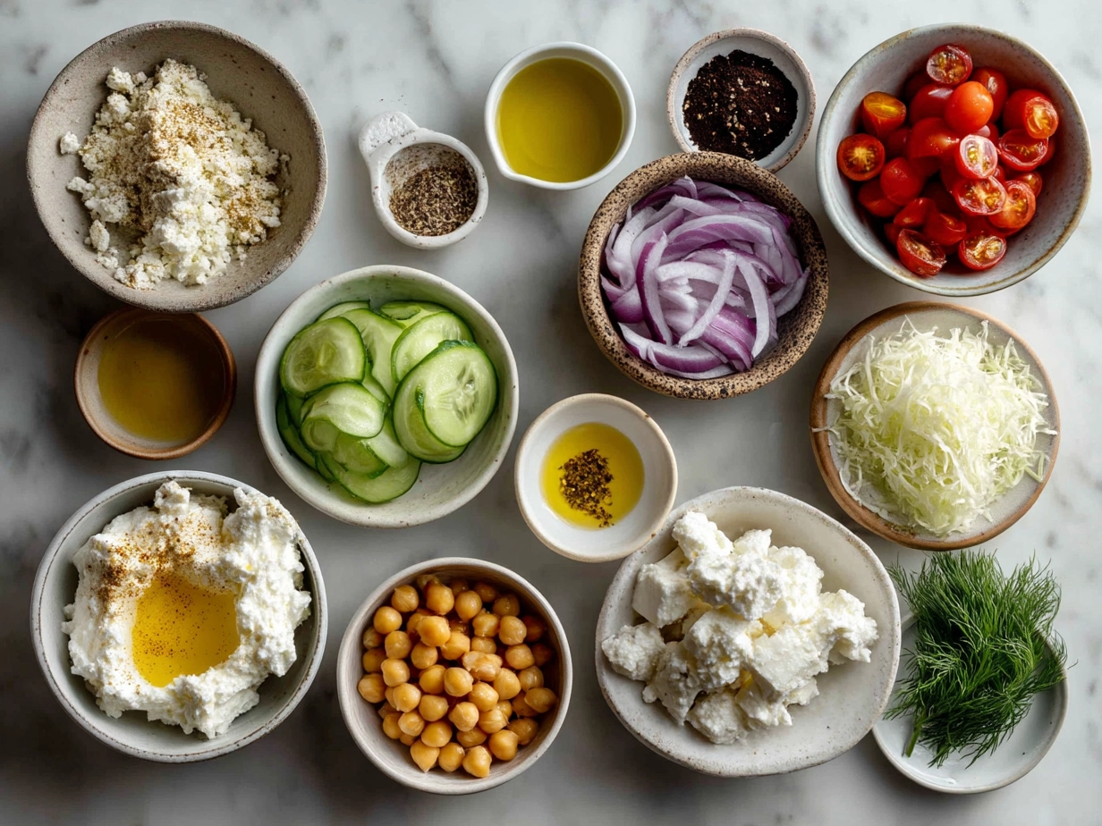 Ingredients for Cottage Cheese and Chickpea Salad - cottage cheese, chickpeas, cherry tomatoes, cucumber, red onion, parsley, lemon, and olive oil
