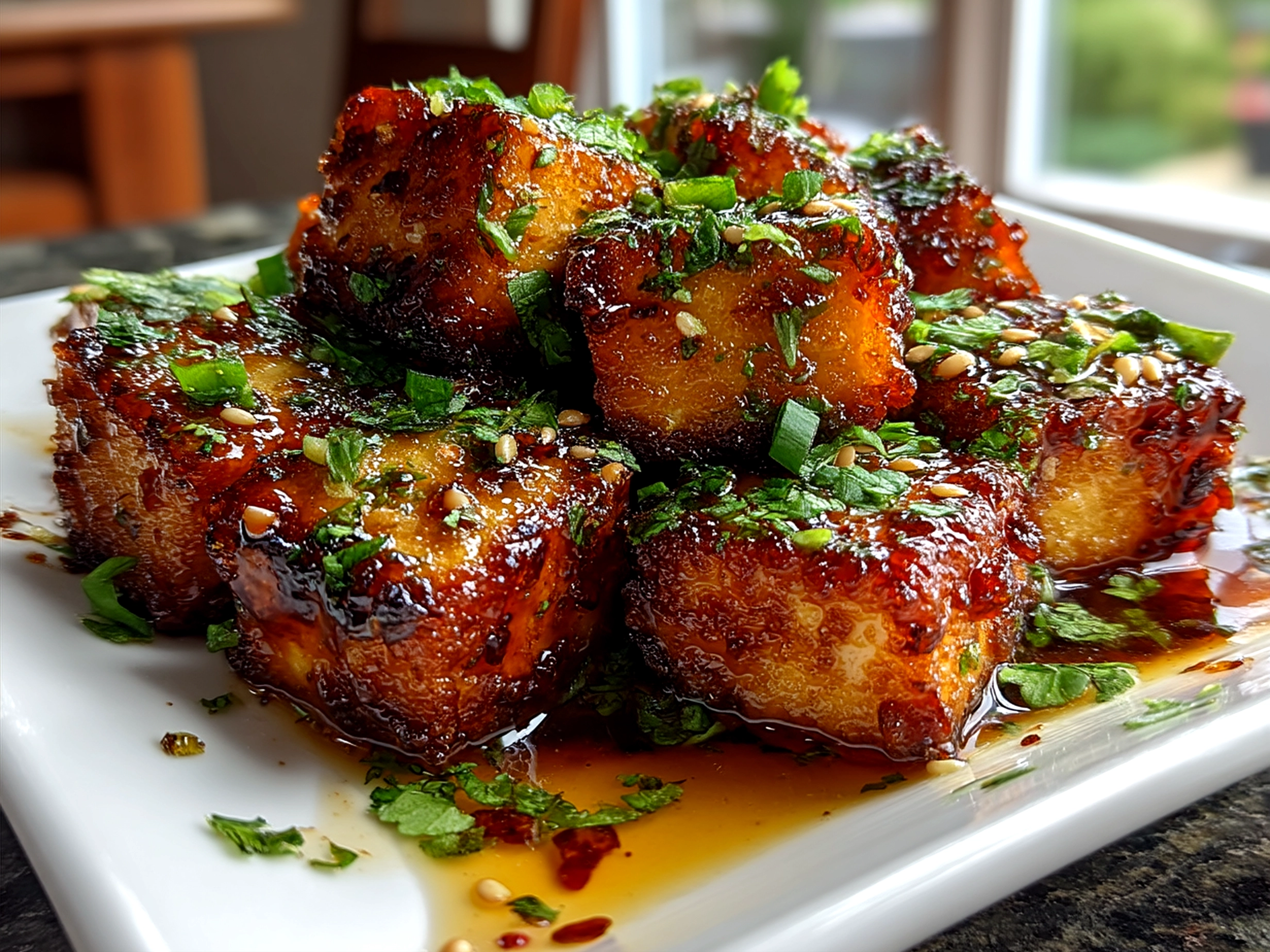Crispy Teriyaki Tofu Cubes served with sesame seeds and green onions