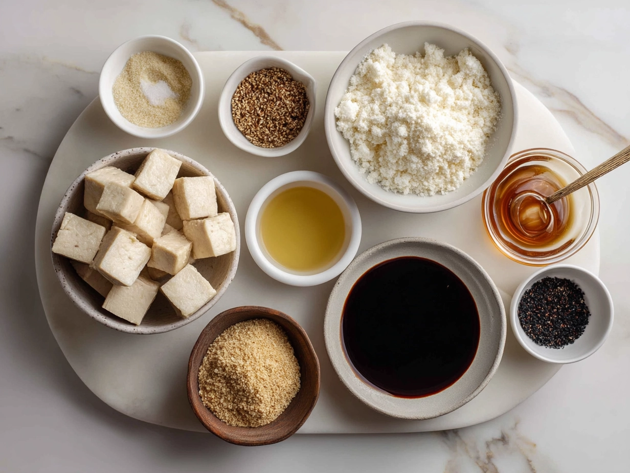 Ingredients for Crispy Teriyaki Tofu Cubes on a kitchen counter