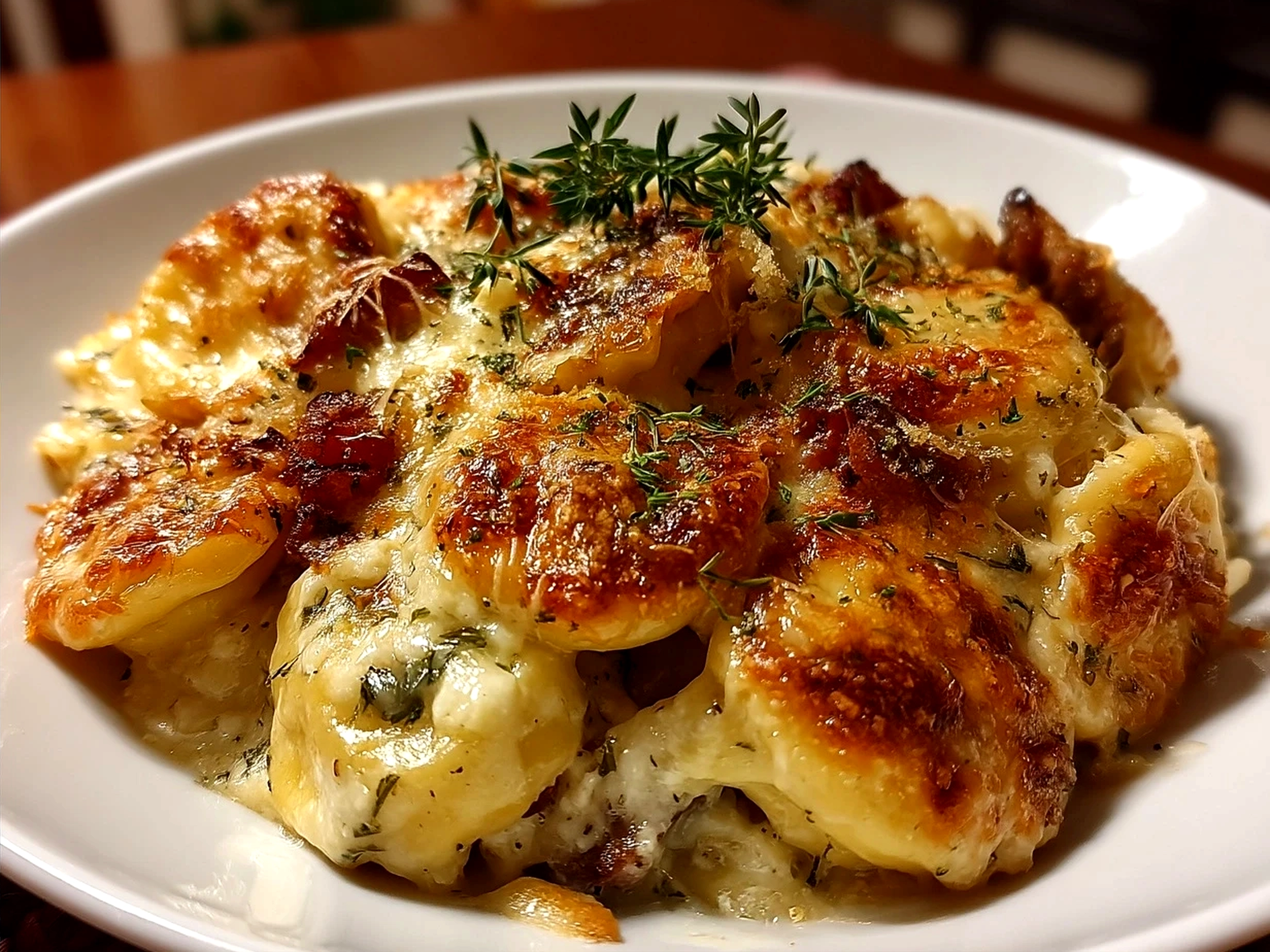 Served Crockpot Pierogi Casserole with melted cheese and garnished with fresh parsley