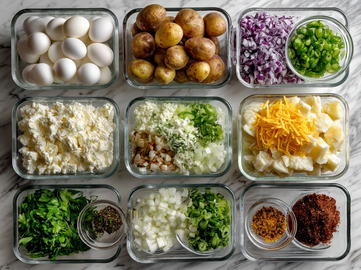 Ingredients for Crockpot Pierogi Casserole including frozen pierogies, kielbasa, onions, cheddar cheese, sour cream, and cream of mushroom soup