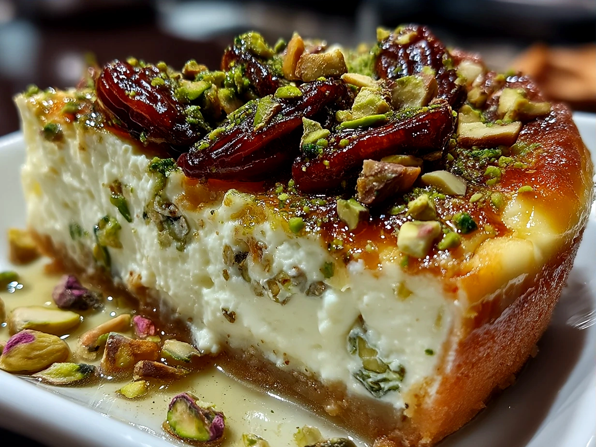 Serving platter with Dates Cream Cheese Pistachio Honey, honey drizzle and pistachios