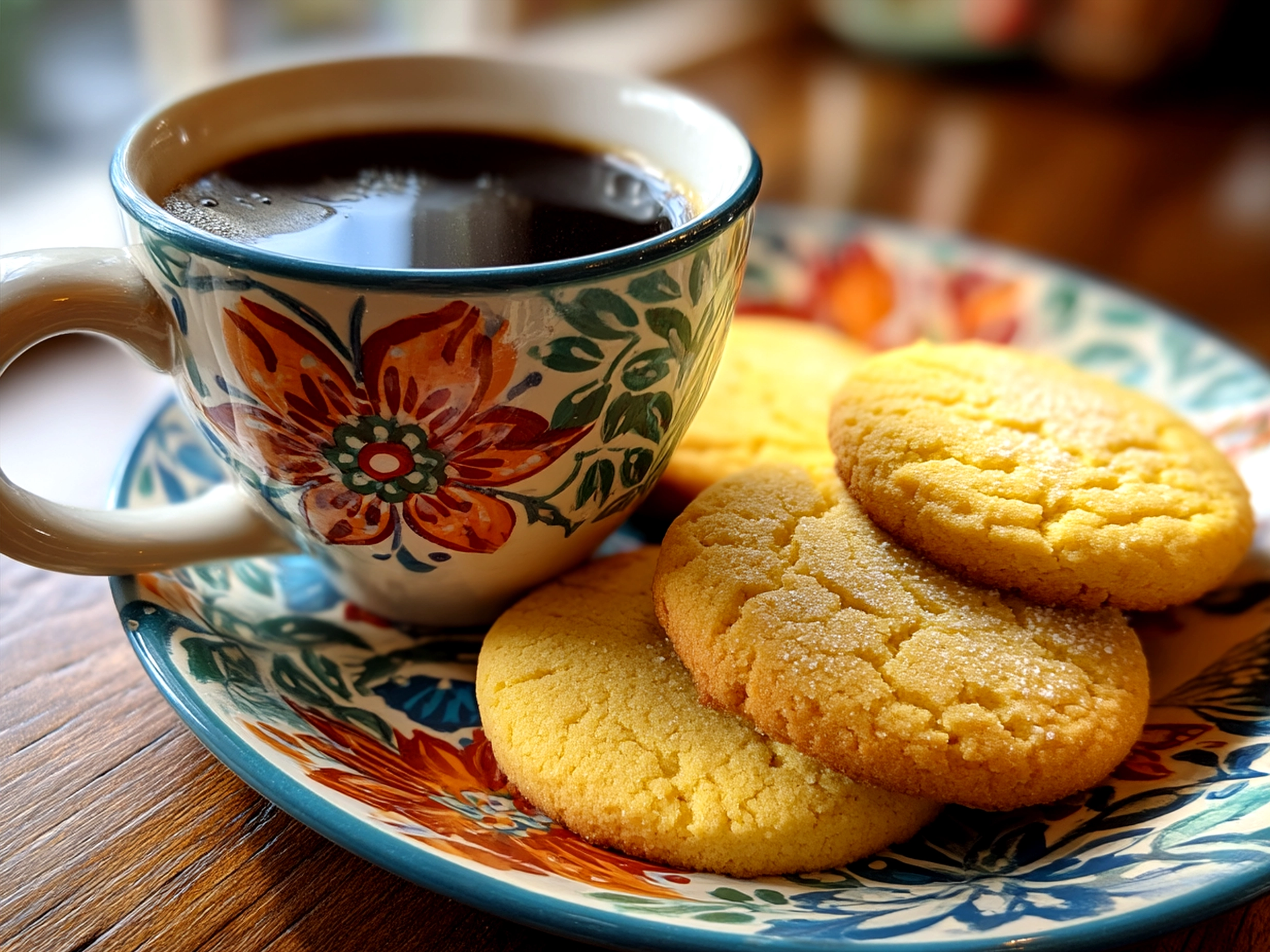 Plated espresso shortbread cookies served with a warm drink